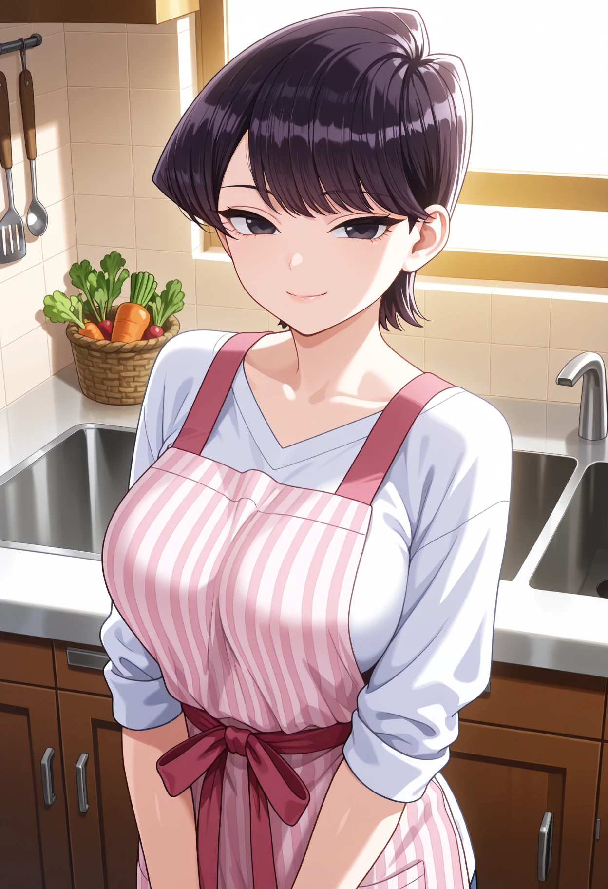 (High quality, High resolution, Fine details), preschool teacher in an apron, Pastel-colored clothing, solo, adult women, black hair, sparkling eyes, (Detailed eyes:1.2), smile, blush, Sweat, Oily skin, Soft tones, shallow depth of field