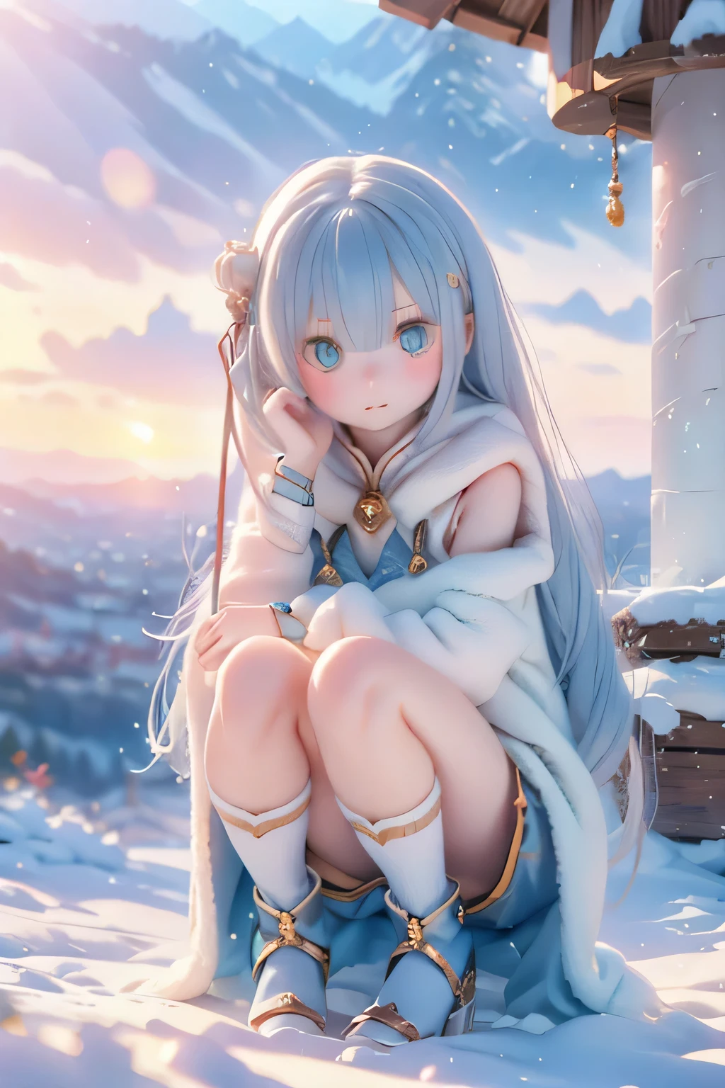 Emilia,,Gentle Eyes,,background around a conical tank,light particle,Sky Dyed by Sunset,fantastic atmosphere,Delicate Digital Art,high resolution,Exquisite Details,4K rendering of a woman dressed as Aquaman in DC,realistic with a full body crouching,Professional,Brilliant Colors,Bokeh、Mysterious otherworldly landscape with、Ice Sword、Freezing around cute、Ice Queen diamond dust