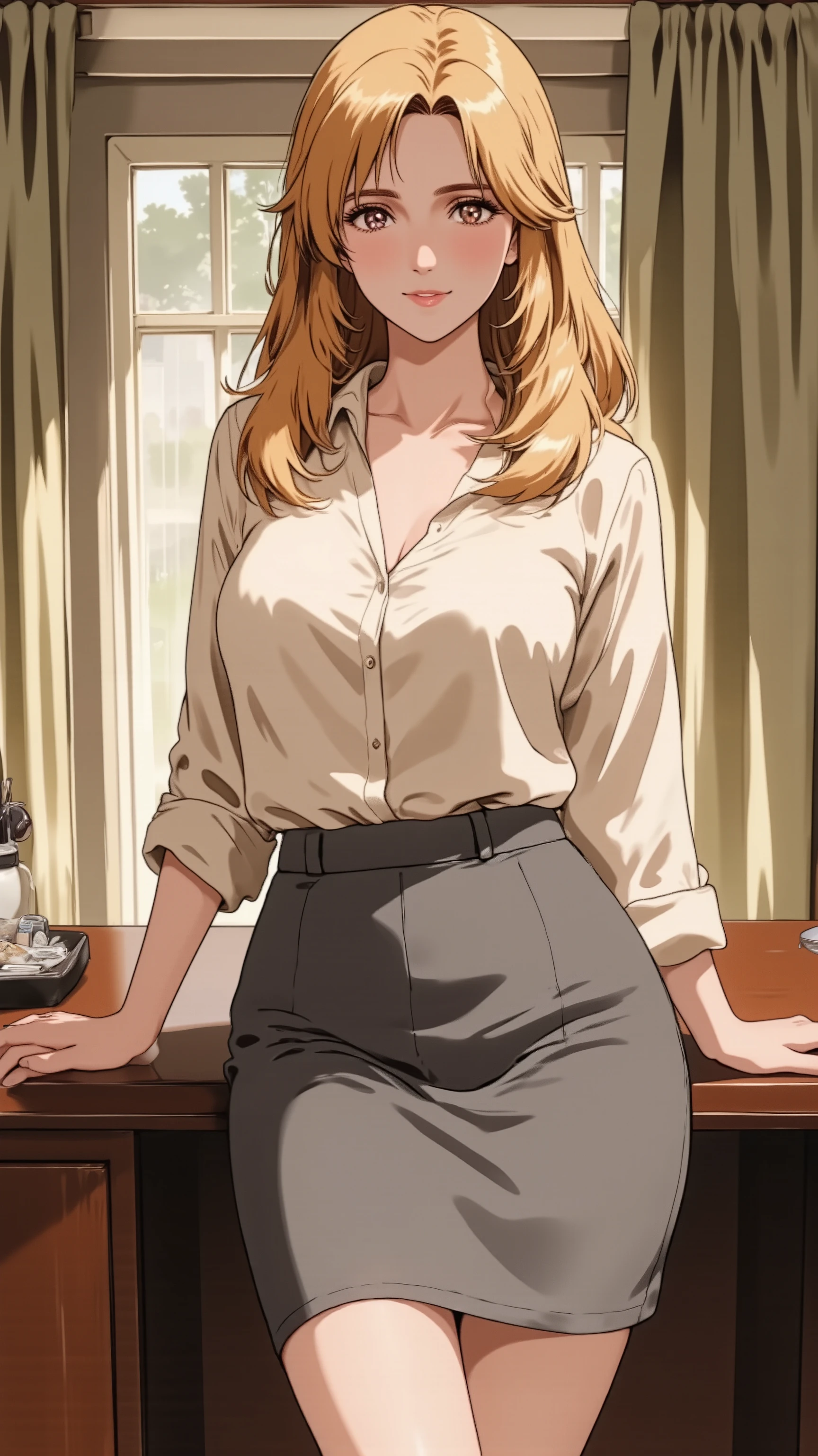 A sophisticated married woman in her 30s, with long, flowing blonde hair. She has natural makeup and a slight, knowing smile. She has natural and correct anatomy, perfectly rendered hands with five fingers, and well-proportioned limbs. She is wearing an elegant office uniform (a soft silk blouse and a grey pencil skirt). She stands, leaning back slightly against her office desk, one hand resting gently on the desk surface. She looks directly at the viewer with a calm and mature allure. Shot at eye-level, thigh-up portrait.