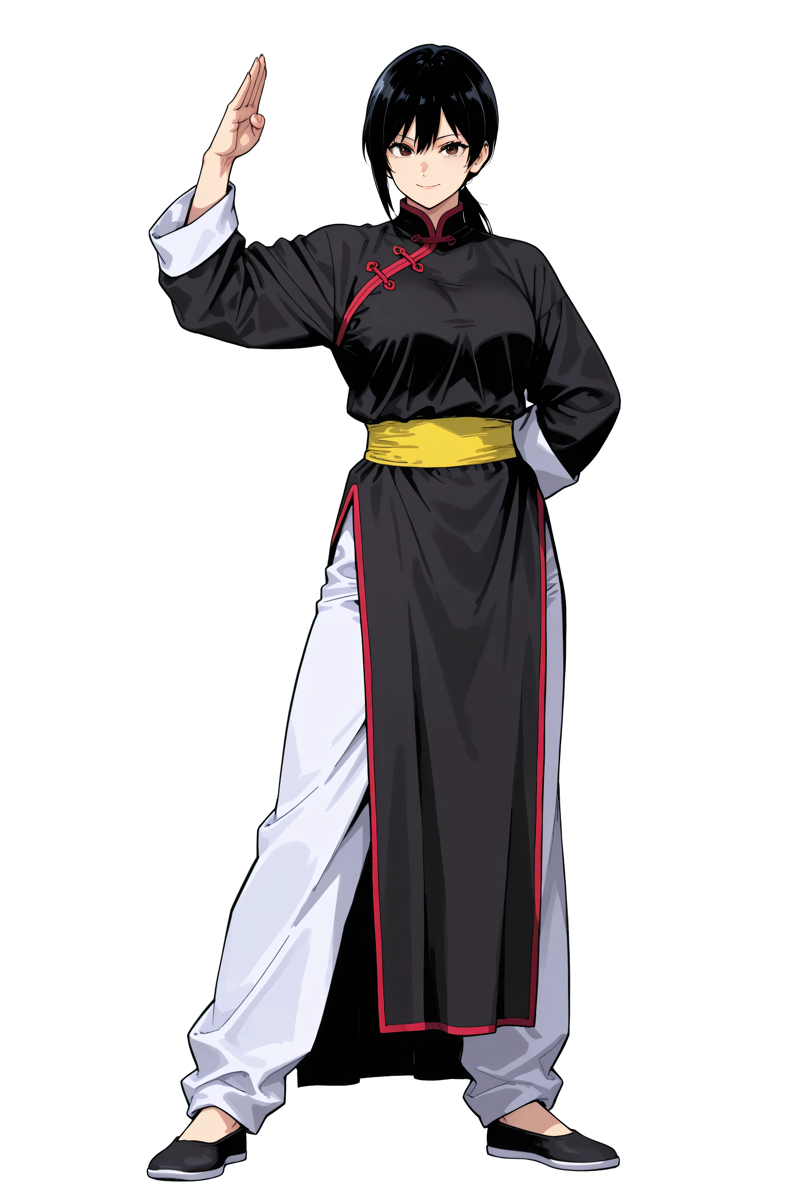 gsfghtr, multicolored robe, chinese clothes,KungFuUniform,score_9, score_8_up, score_7_up, gsfghtr, 1girl, smile serious, low ponytail, kohei horitoshi, white background, mature female, kung fu master, view from head to thigh, hide arm behind back, full body, offer hand pose, 