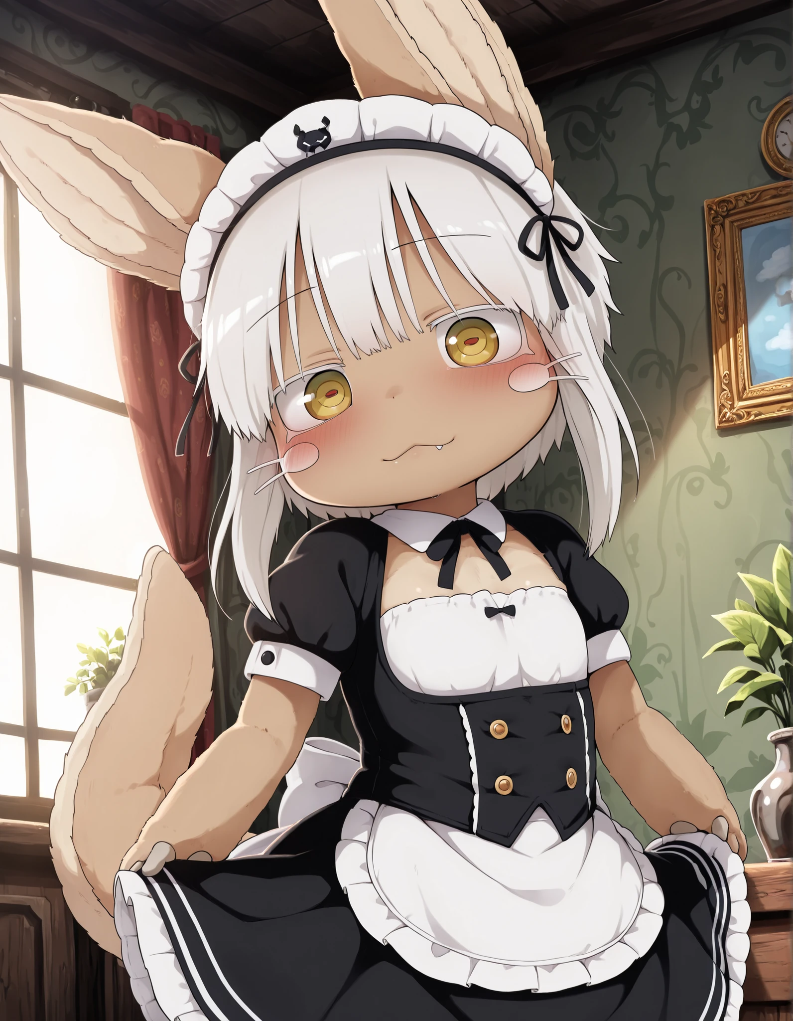 Dagashi,, (masterpiece, best quality, high quality, good quality:1.2), solo, 1girl , Nanachi(MADE IN ABYSS), maid outfit ,