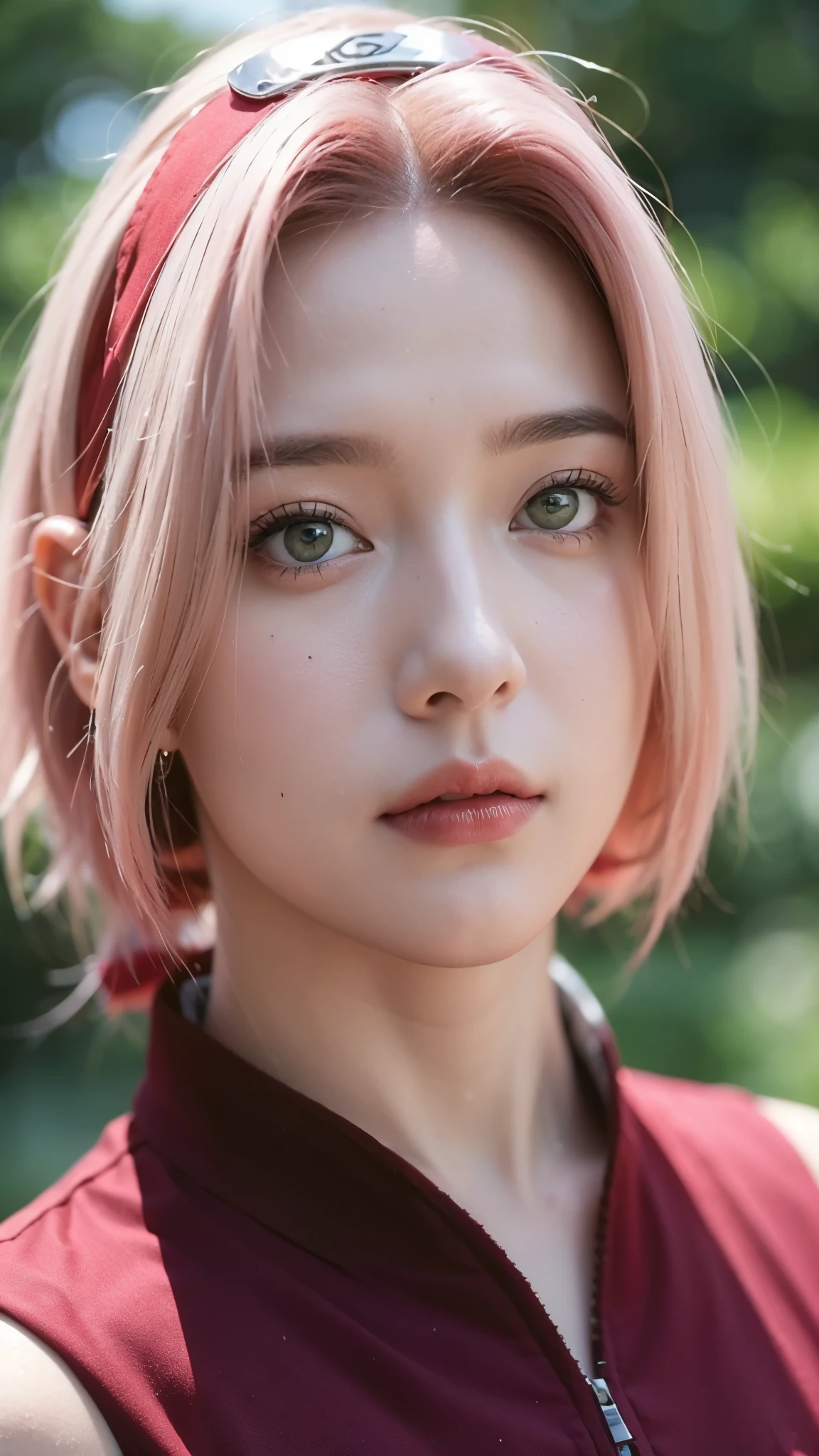 Haruno Sakura from Naruto Shippuden, half-body portrait, realistic and ultra-detailed style, HD quality. Beautiful young woman with short pink hair, green eyes, and a determined expression. Wearing her classic red ninja outfit with the Konoha headband on her forehead. Soft natural lighting, detailed skin texture, lifelike eyes, realistic hair strands, cinematic depth of field, professional studio-quality portrait, ultra HD, super detailed, 8K realism