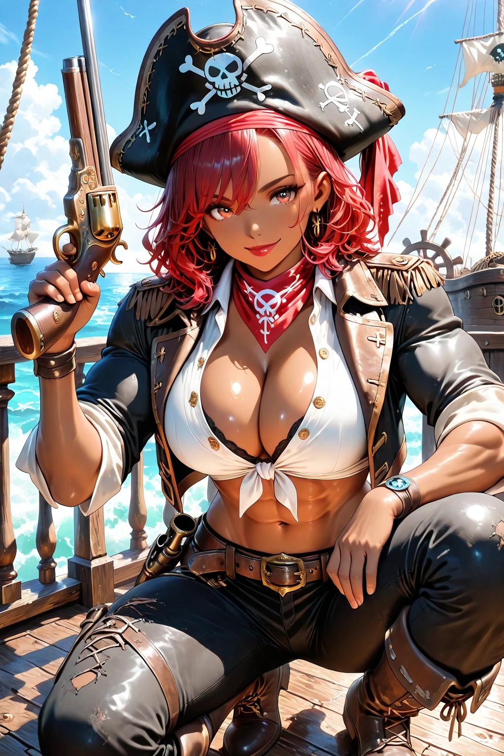 gwen tennyson,tracer,teenager, atelier ryza,pirate outfit,beach,green eyes,long scarf,thigh high boots,garter belt, shy smile,striped panties,short hair,orange hair,pirate ship,white striped top,tight gothic mini skirt,wet body,freckles,redhead,pirate corset,pirate jacket,beautiful girl,large breasts,ultra detailed,realistic,pearl earrings,