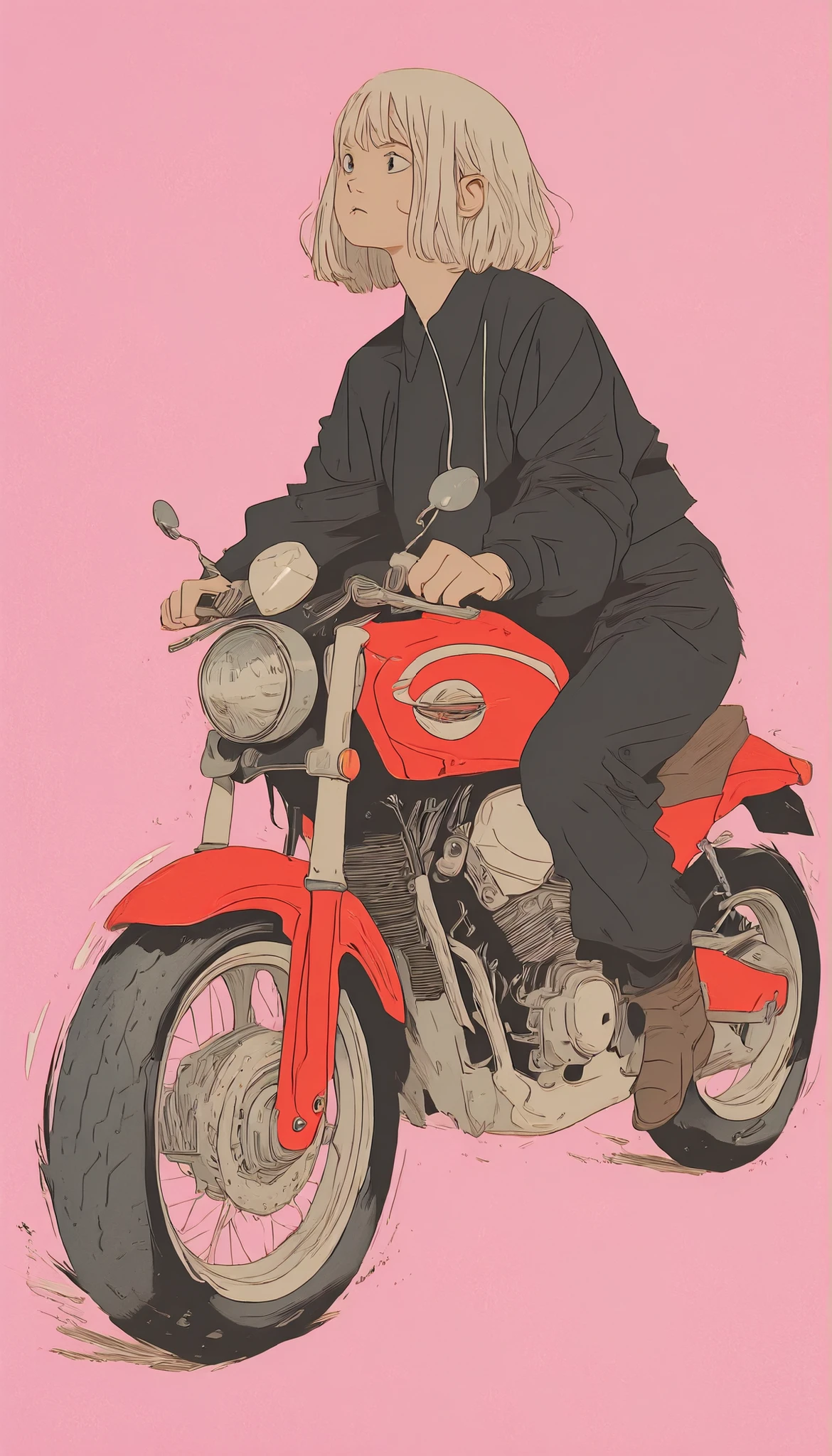 An anime girl is riding a motorcycle on a pink background, illustration style, Akira motion movie style, Japanese Illustrator, anime style illustration, artwork in the style of Gwyds, Akira Style illustration, Tsutomu Nihei style, Akira's motorcycle, Akira Style, Modern Anime Style, FLICKLY COVER , Akira style, Akira Vibe, Gwyds
