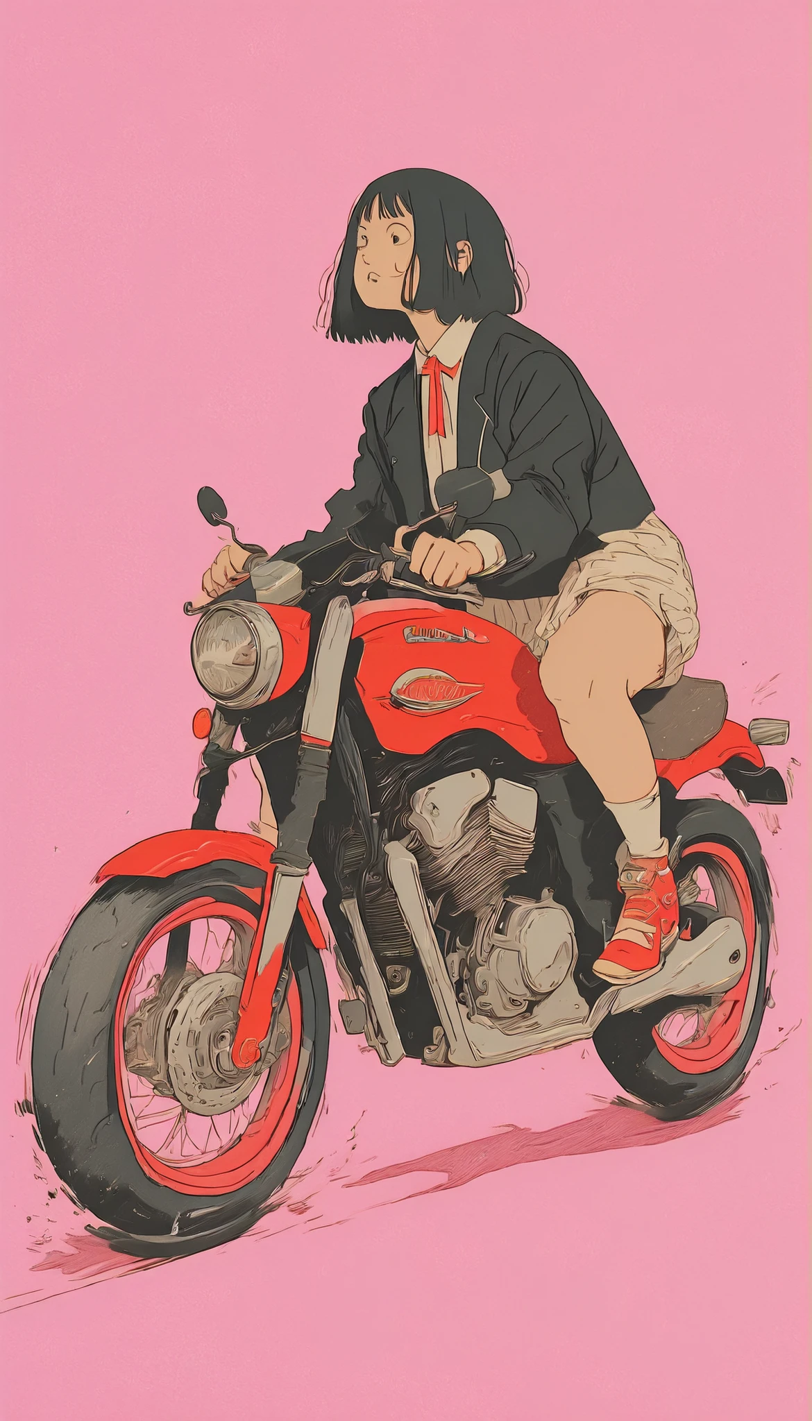 An anime girl is riding a motorcycle on a pink background, illustration style, Akira motion movie style, Japanese Illustrator, anime style illustration, artwork in the style of Gwyds, Akira Style illustration, Tsutomu Nihei style, Akira's motorcycle, Akira Style, Modern Anime Style, FLICKLY COVER , Akira style, Akira Vibe, Gwyds