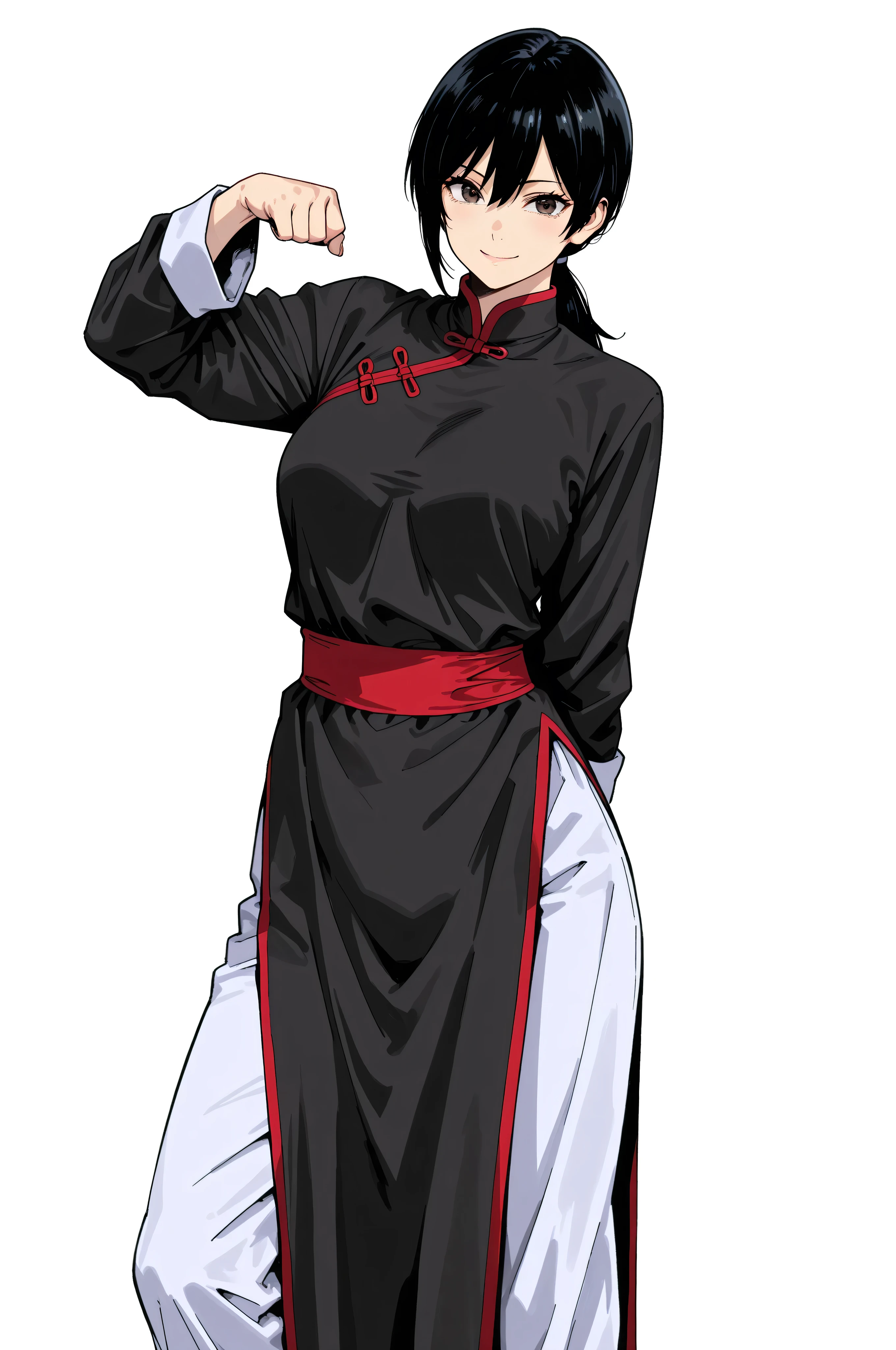 gsfghtr, multicolored robe, chinese clothes,KungFuUniform,score_9, score_8_up, score_7_up, gsfghtr, 1girl, smile serious, low ponytail, kohei horitoshi, white background, mature female, kung fu master, view from head to thigh, hide arm behind back, full body, offer hand pose, 