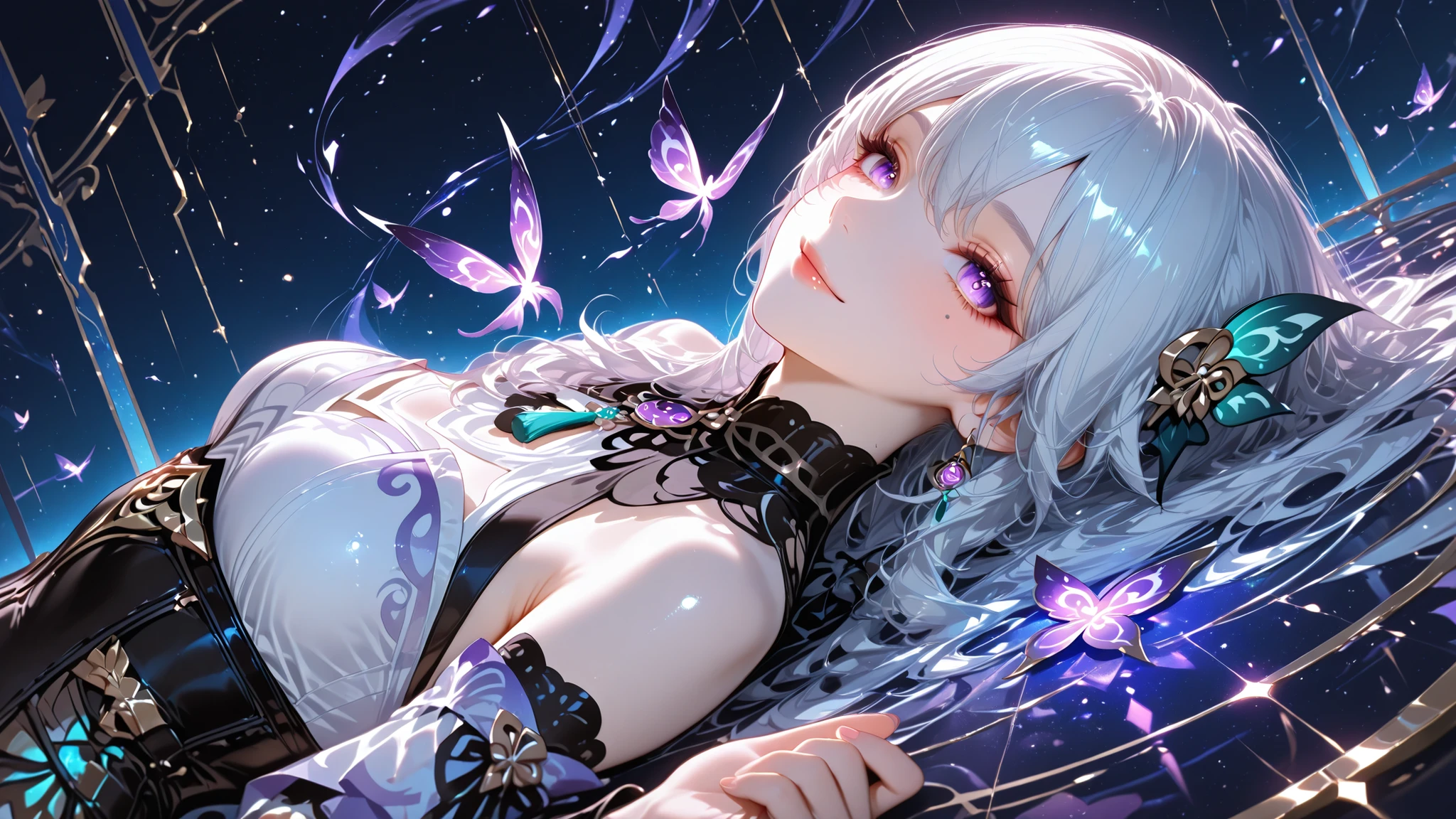 Yam kuqibg genshin impact, smile, semi realistic, cute, glow, dynamic pose, lying on her back, dynamic angle, artistic