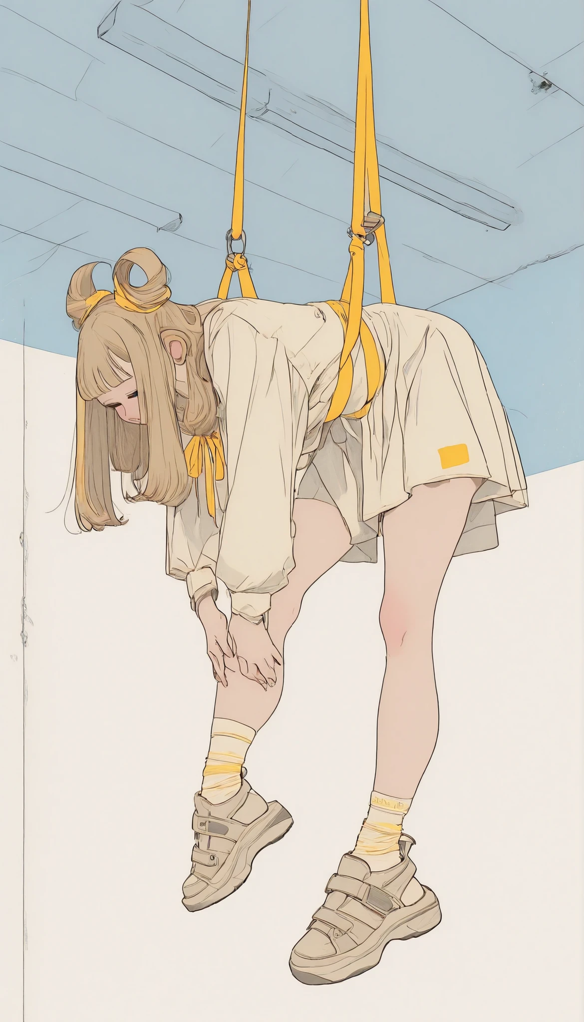 The concrete walls and ceiling feature partially visible metal structures {x} 印象的な青い服を着た女性がインダストリアルスタイルの空間inポーズをとる. video game, reminiscent of a popular character. The minimalist background combines the artistry of cosplay. Her hair is tied up in two buns, in休み、One leg is stretched back while a yellow ribbon is attached, Her look is playful yet adds a vibrant touch to her appearance. The setting is clean and practical, The colorful outfit creates a contrast with the calming environment, She is wearing chunky sandal-style shoes with yellow straps on the soles. Her stance exudes flexibility and grace, It's hanging down, Heel, in、Her hands gently support her feet. 全体的なムードはダイナミックin活気に満ちています, Her clothes fit her body perfectly and、黄色のアクセントのディテールが特徴inす.