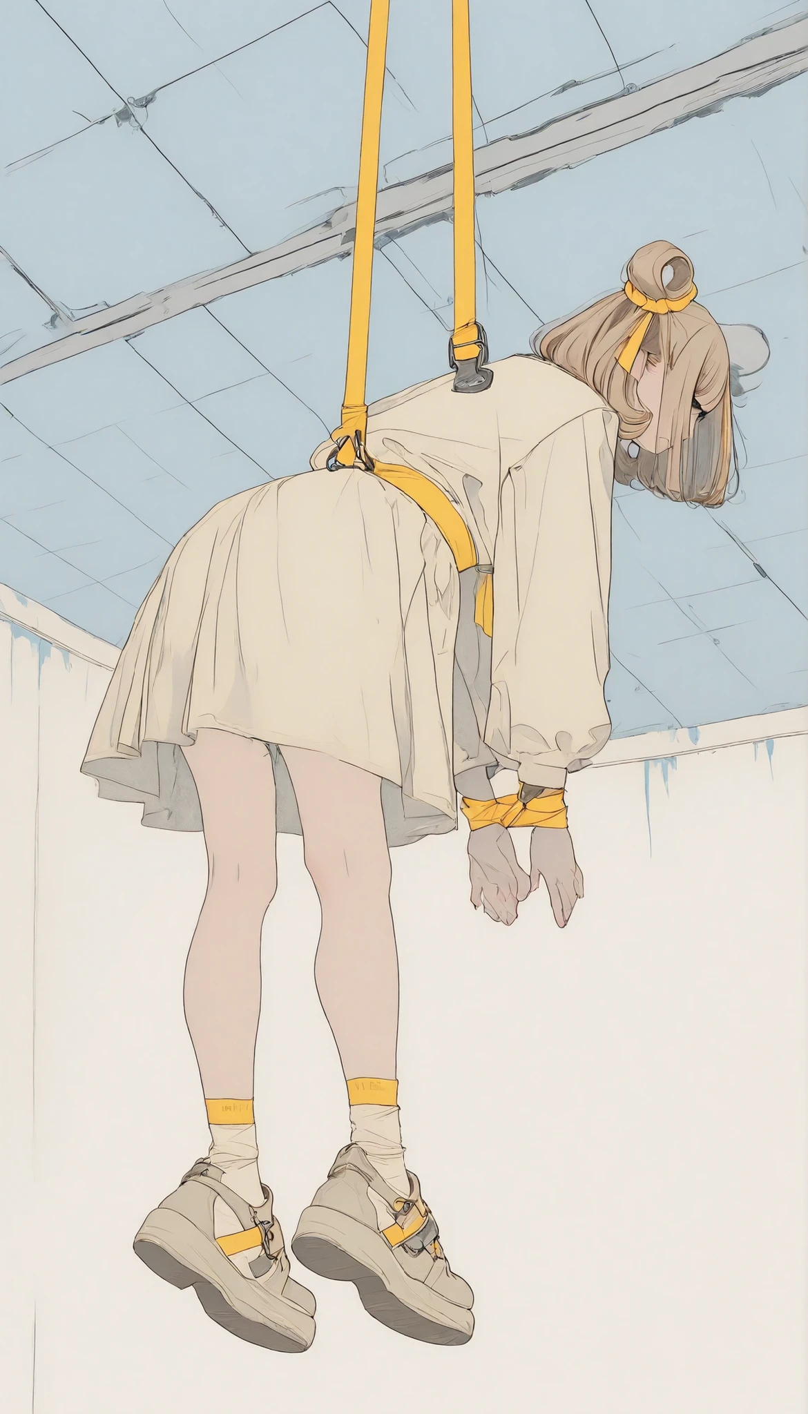 The concrete walls and ceiling feature partially visible metal structures {x} 印象的な青い服を着た女性がインダストリアルスタイルの空間inポーズをとる. video game, reminiscent of a popular character. The minimalist background combines the artistry of cosplay. Her hair is tied up in two buns, in休み、One leg is stretched back while a yellow ribbon is attached, Her look is playful yet adds a vibrant touch to her appearance. The setting is clean and practical, The colorful outfit creates a contrast with the calming environment, She is wearing chunky sandal-style shoes with yellow straps on the soles. Her stance exudes flexibility and grace, It's hanging down, Heel, in、Her hands gently support her feet. 全体的なムードはダイナミックin活気に満ちています, Her clothes fit her body perfectly and、黄色のアクセントのディテールが特徴inす.