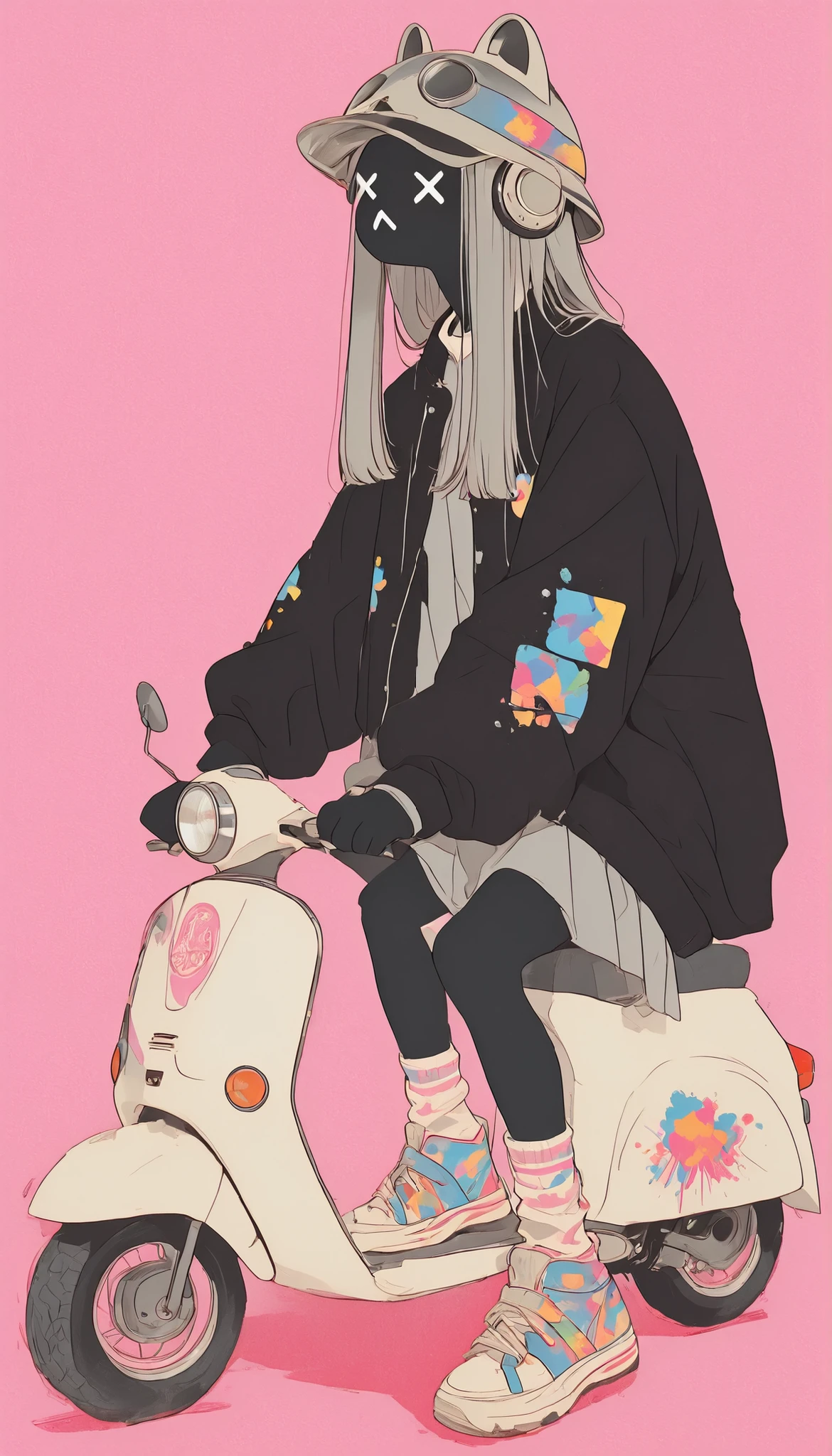on a pink background、likeい女性がゴツゴツしたスクーターに座っている。 she says 、She pairs thick socks with gray high-top sneakers {x} and wears a black fur jacket with colorful patches and decals from under a helmet with playful stickers and graffiti {x}、creates a punk vibe。reinforces the casual yet edgy impression、The。wears large headphones on the neck、and。creates an urban and modern atmosphere The、round headlight with long hair flowing out is characteristic。。 she says グレーのハイカットスニーカーに厚手のソックスを合わせ、young woman sitting on a lumpy scooter with a。like々combines a。