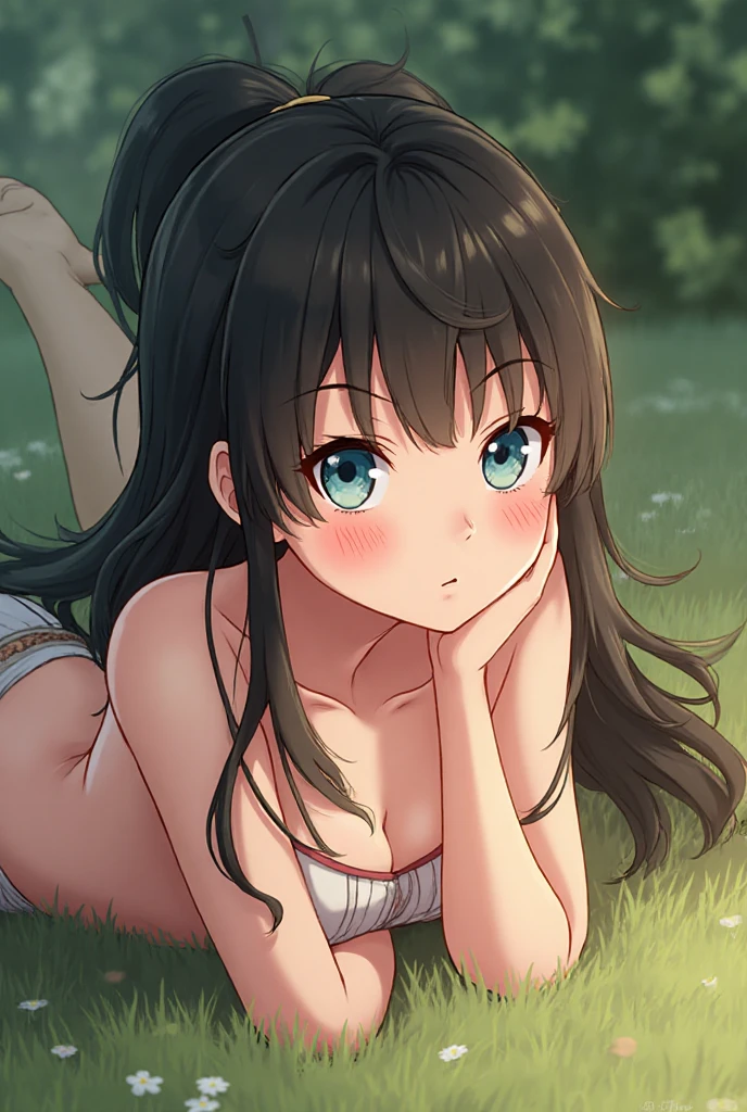 Get wet all over your body,(see-transparent panties:1.3), BEST QUALITY, Ultra High definition, High detail，the anime, Wet Body, all on fours、Put your hands on the ground、Raise your  high、Watching the Viewer、Angle , black hair，