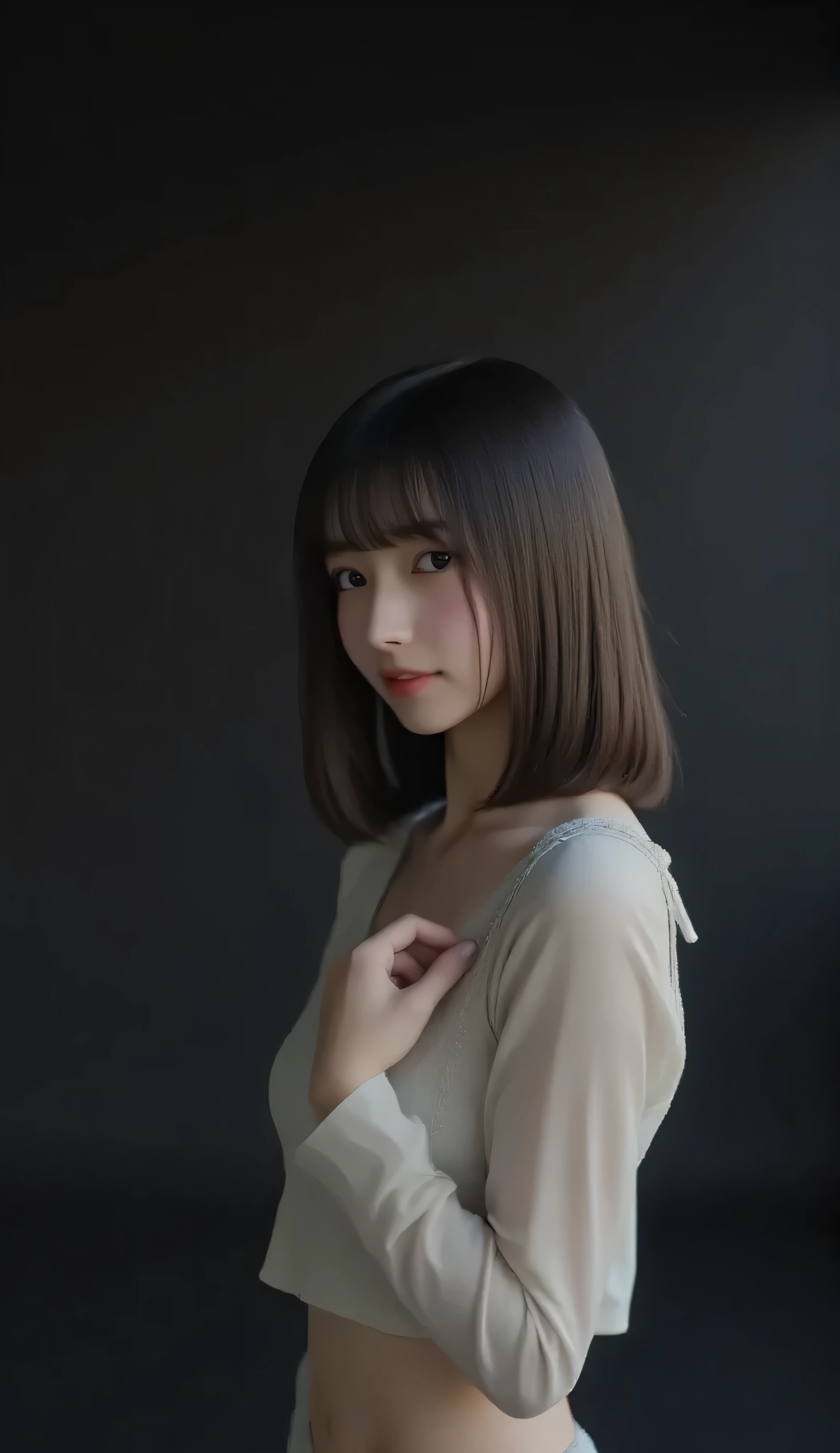 top quality、Exquisite Resolution , 32K, premium quality , ultra fine , beautiful Japanese woman、 Manami 、 dark hair、woman not wearing nsfw,navel,naked、transparent clothes、(Inorganic black room 、A black room with nothing、 )、 ( full nude、I'm not wearing anything、I will highlight my breasts , )、 perfect body、slender body、 bending and stretching her legs、Whitening、Full body photo、