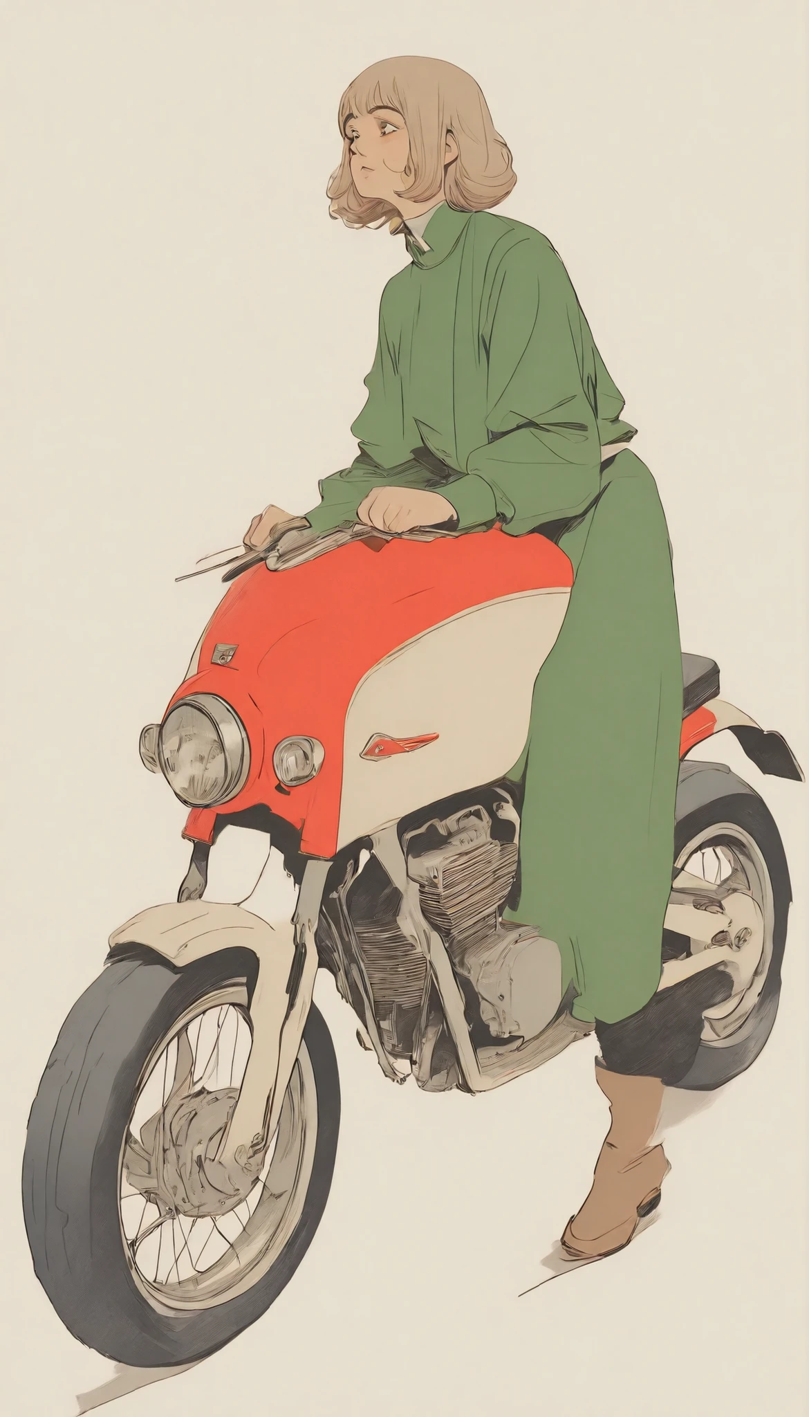 赤と白のBikeに乗る茶色のジャケットとヘルメットをかぶったオートバイライダー, Cafe Racer, 1 9 6 0 s Cafe Racer, 巨大なドゥカティ・パニガーレ・モーターBike, with large chrome tubes, inspired Antonio Saura , Italian style, details, Italian masterpiece , 「Luke」, Antonio Saura , FRANCESCO FILIPPINI INSPIRED, Bike, IGNACIO BAZAN LAZCANO