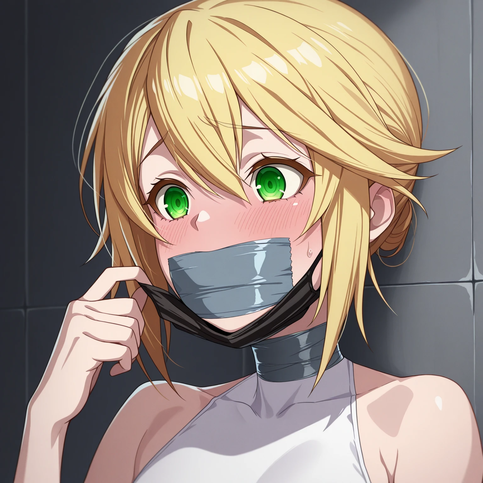 masterpiece, absurdres, 1girl, Lillie, length hair, twin braids, blonde hair,Bound, Bondage, (arms behind back:1.4), , tape, TAPE BONDAGE, close-up, srestrained, best , Curled up, scared face, crying, shout, Upper body, blushing face, humiliation, desperate,  stripped , , (front), (men touching her), holding hair, pov hand pulling hair, hair played, hair toying, (men stroking her hair), tied up in the forest, outdoor 