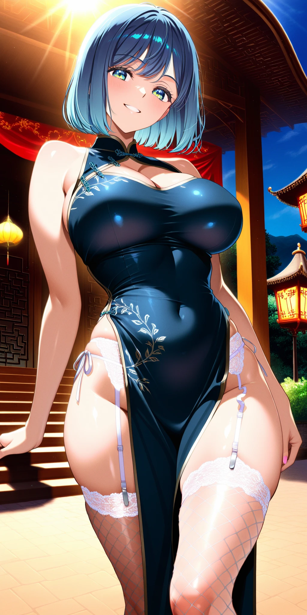 full body,eyes shining, natural light, cinematic light, realistic body, detailed body, detailed eyes, realistic face,masterpiece,cleavage,best quality, highres,fairy tail, 1girl, solo, red hair, brown eyes, big boobies, perfect boobs, cleavage,  open chest, daytime, sunlight,looking at the viewer,sexy posing,spectacular image, face blushing, full body scene, wear geisha kimono, blue flowered kimono, off shoulder,  standing pose, glowing skin, detailed face, detailed eyes, Solo , alone, perfect anatomy, swollen crotch, cowboy shot, dynamic pose, Illustration of perfection, Dynamic, highly detailed, facing the viewer, lewd expression, UP POV