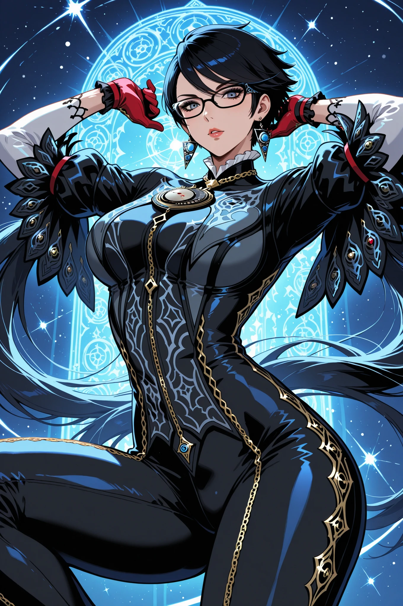 Vayne \(League of Legends\), League of Legends, 1 mujer madura, lentes rojos, capa roja, pendientes, ojos rojos, collection, por el ancho, piel blanca, guantes grises, botas bordo, labios rojos, por el ancho atado hacia atras con una trenza, Athletic body,Small silver decoration on the cape, esbelta, abierta de piernas, leather belt, pelo largo ????? y sedoso, ???????? Lycra de color azul oscuro