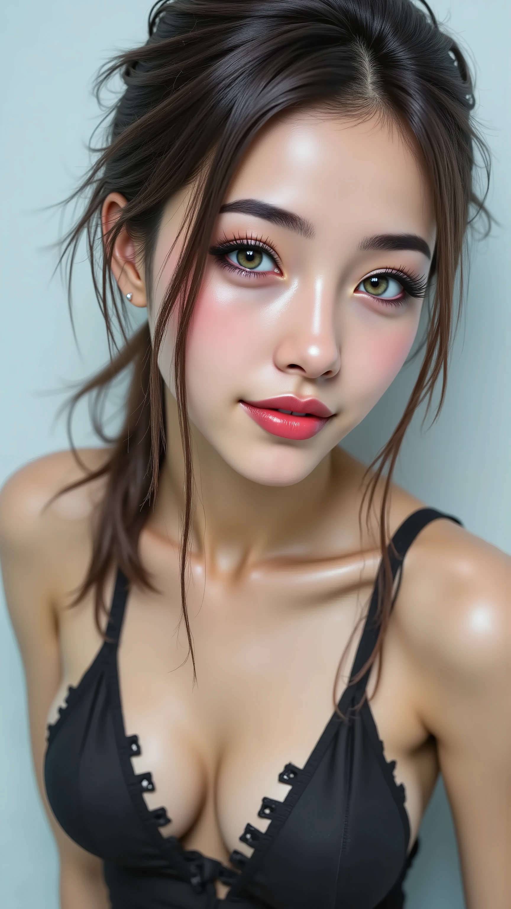  Ultra-realistic (photorealistic Realism) , "UHD, Hyper high resolution" - "(Hyper quality, intricately ultra-detailed digital art)" (Key Directive: - ("The priority is the anatomical accuracy and texture of the materials" - "Ultra-sharp human eyes with biological accuracy") (realistic texture details: velvety skin, hair), (dark hair((slicked to one side)), intricately detailed:1.3), long Lashes: individual synthetic fibers (crosshatched roots:1 . 2 , clump-free separation), (Carefully draw Long mascara:1.22) [perfect dark eyeshadow:1.2][glossy red lipstick:1.3], professional Magic Makeup on eyes:1.3, perfect composition. Eyes "(acid-resistant terminology) (macro-details:1.5): * Moist corneal surface (visible aqueous layer:1.2) * Hyper-detailed iris eyes (green with orange sparkles) * Precise limbal ring (slightly darker pigmentation:1.3) * Pupil micro-texture (irregular edge authenticity:0.9) * Vasculature in sclera (subtle blue veins radiating from limbus)" (Avoid: "pupil distortion , uncanny valley asymmetry , plastic-like wetness"), (Sleeveless beautifu ltop ribbon PVC: 1.33), (Slingshot swimsuit:1.33), (wear Sling made of PVC Ribbon:1.35), psychedelic background,voronoi backround