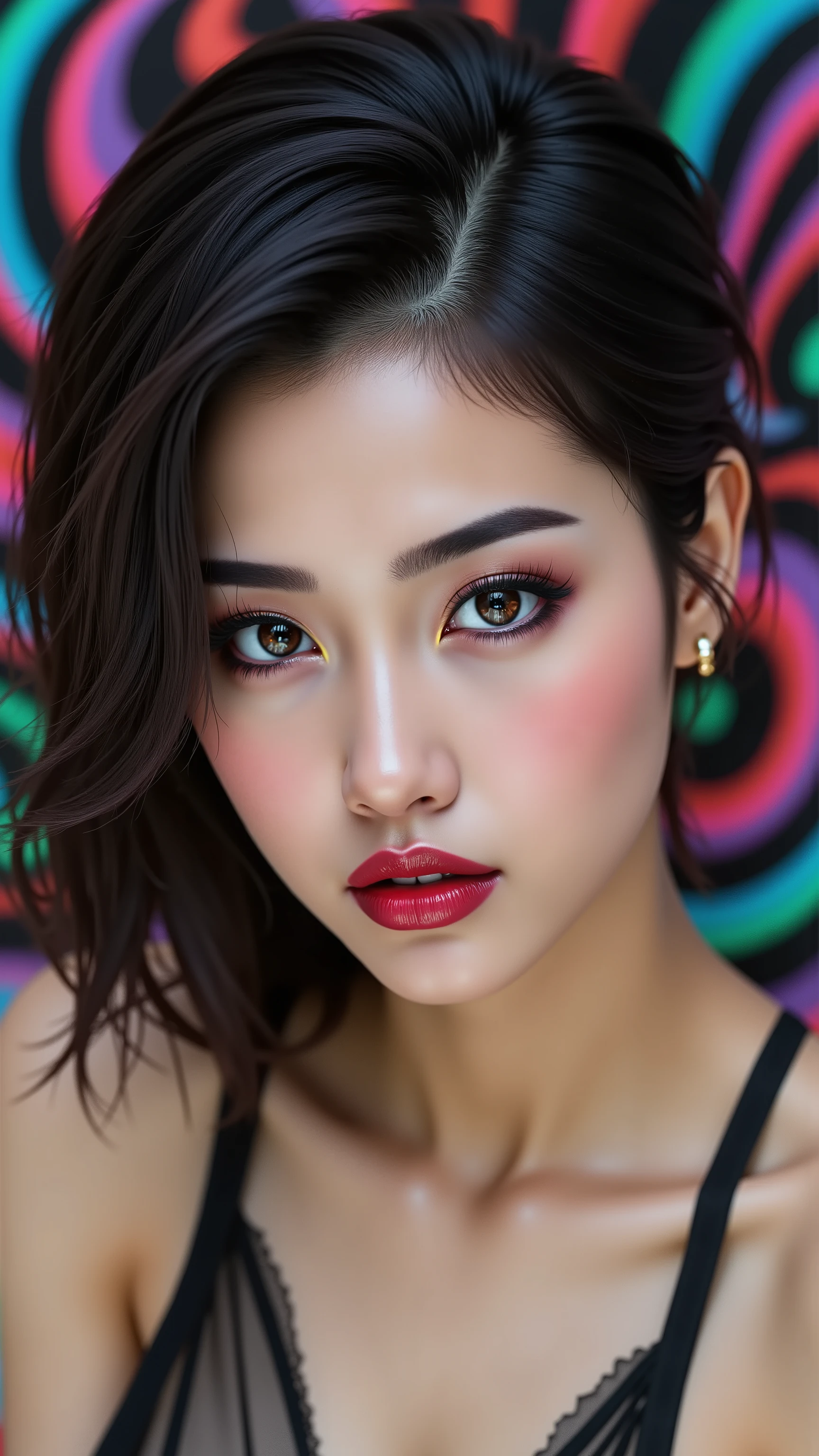  Ultra-realistic (photorealistic Realism) , "UHD, Hyper high resolution" - "(Hyper quality, intricately ultra-detailed digital art)" (Key Directive: - ("The priority is the anatomical accuracy and texture of the materials" - "Ultra-sharp human eyes with biological accuracy") (realistic texture details: velvety skin, hair), (dark hair((slicked to one side)), intricately detailed:1.3), long Lashes: individual synthetic fibers (crosshatched roots:1 . 2 , clump-free separation), (Carefully draw Long mascara:1.22) [perfect dark eyeshadow:1.2][glossy red lipstick:1.3], professional Magic Makeup on eyes:1.3, perfect composition. Eyes "(acid-resistant terminology) (macro-details:1.5): * Moist corneal surface (visible aqueous layer:1.2) * Hyper-detailed iris eyes (green with orange sparkles) * Precise limbal ring (slightly darker pigmentation:1.3) * Pupil micro-texture (irregular edge authenticity:0.9) * Vasculature in sclera (subtle blue veins radiating from limbus)" (Avoid: "pupil distortion , uncanny valley asymmetry , plastic-like wetness"), (Sleeveless beautifu ltop ribbon PVC: 1.33), (Slingshot swimsuit:1.33), (wear Sling made of PVC Ribbon:1.35), psychedelic background,voronoi backround