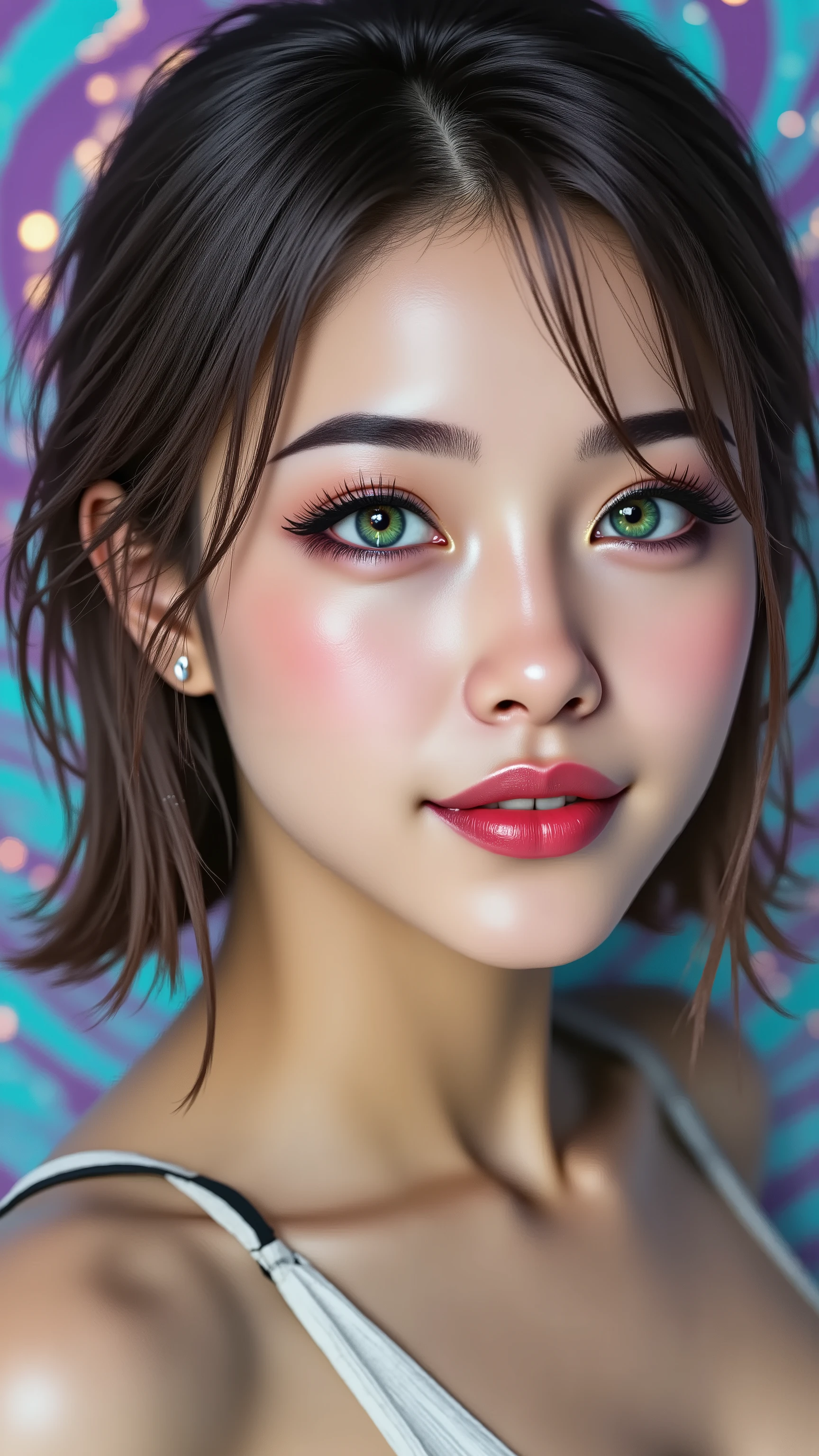  Ultra-realistic (photorealistic Realism) , "UHD, Hyper high resolution" - "(Hyper quality, intricately ultra-detailed digital art)" (Key Directive: - ("The priority is the anatomical accuracy and texture of the materials" - "Ultra-sharp human eyes with biological accuracy") (realistic texture details: velvety skin, hair), (dark hair((slicked to one side)), intricately detailed:1.3), long Lashes: individual synthetic fibers (crosshatched roots:1 . 2 , clump-free separation), (Carefully draw Long mascara:1.22) [perfect dark eyeshadow:1.2][glossy red lipstick:1.3], professional Magic Makeup on eyes:1.3, perfect composition. Eyes "(acid-resistant terminology) (macro-details:1.5): * Moist corneal surface (visible aqueous layer:1.2) * Hyper-detailed iris eyes (green with orange sparkles) * Precise limbal ring (slightly darker pigmentation:1.3) * Pupil micro-texture (irregular edge authenticity:0.9) * Vasculature in sclera (subtle blue veins radiating from limbus)" (Avoid: "pupil distortion , uncanny valley asymmetry , plastic-like wetness"), (Sleeveless beautifu ltop ribbon PVC: 1.33), (Slingshot swimsuit:1.33), (wear Sling made of PVC Ribbon:1.35), psychedelic background,voronoi backround