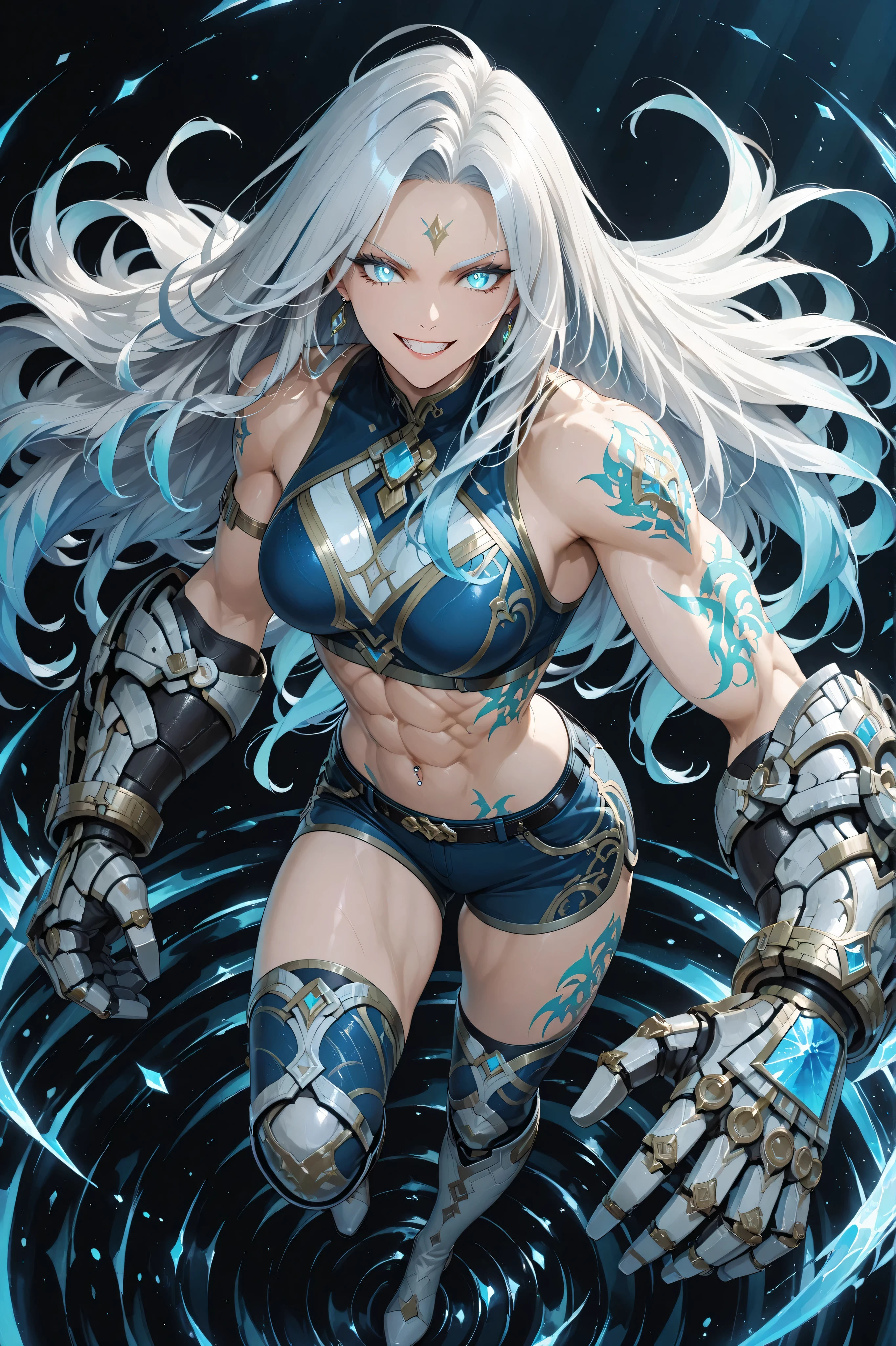 Full body shot from above, showing a tall, fierce, muscular, and beautiful young woman in a dynamic battle stance — legs braced, one arm raised with clenched gauntlet, the other ready to strike. Her long tied flowing Celestial Azure hair with Platinum-Silver highlights flares behind her as her piercing azure eyes lock forward with a confident grin. She wears a sleeveless Celestial Azure combat top and fitted shorts with Platinum-Silver accents, revealing her sculpted arms and abs. Her massive reinforced gauntlets and silver-trimmed reinforced Over-the-knee boots gleam with dragon-scale patterns. Glowing azure-white tattoos flow across her body, pulsing with divine energy. A swirl of azure, white, and silver aura mist surrounds her, rippling like wind before battle. Simple black background, cinematic lighting, anime style, highly detailed, divine and powerful atmosphere.