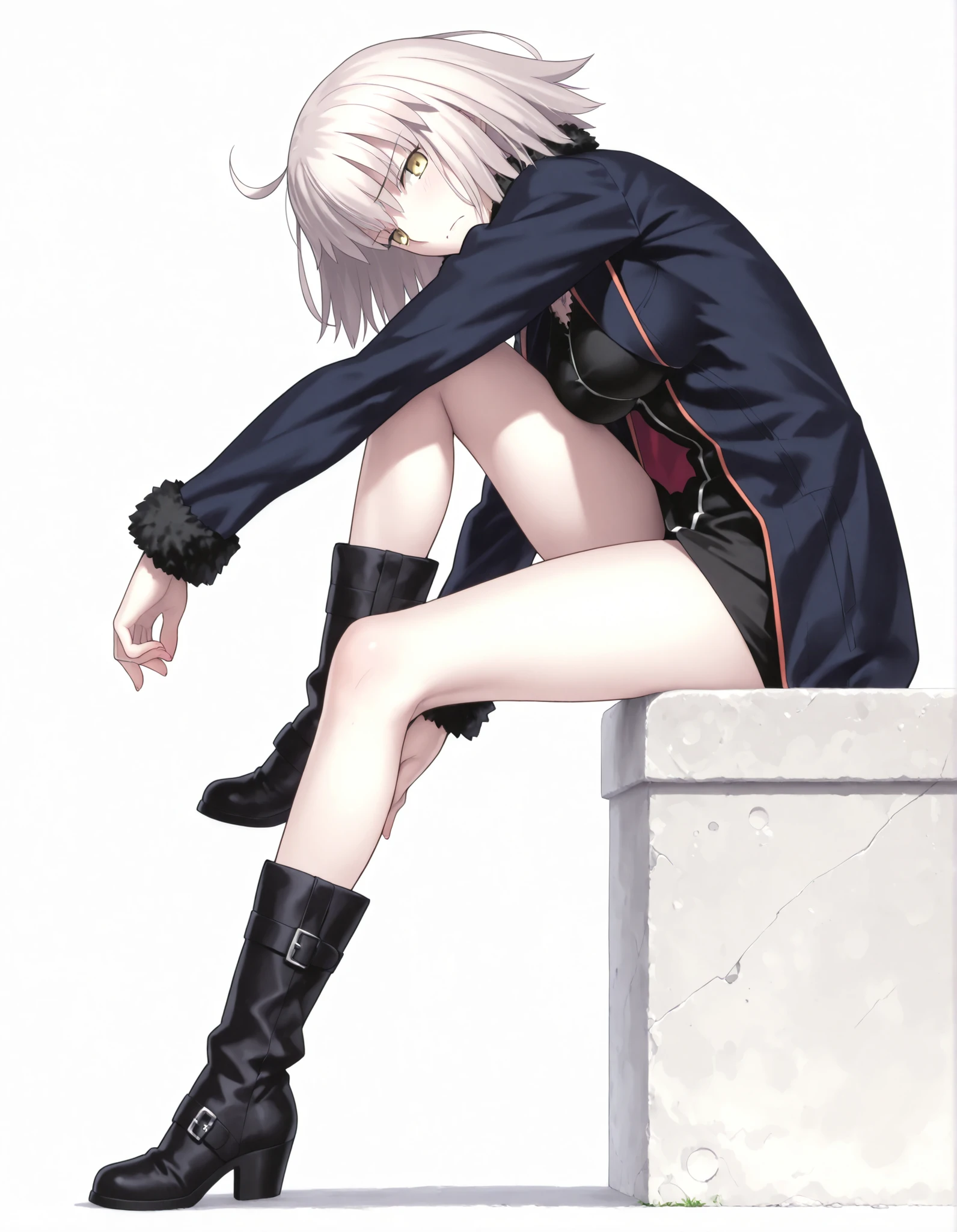masterpiece, , absurdres, highres, detailed background, high resolution, masterpiece, necessary, detail, best quality, quality, necessary, details, High details, Precise, 8k, ,(white background, simple background), , from side, ,
1girl, , (type-moon) style, ,Takeuchi Takashi style, (aged up), long legs, (sitting, one knee up), , , head tilt (),
very tall girl, girl, slim arms ,Jeanne d'arc alter shinjuku , short hair ,yellow eyes, half-closed eyes, light gray hair, ,jacket, high boots,(one_knee,hand_on_own_knee),looking_at_viewer, , light embarrassed,,