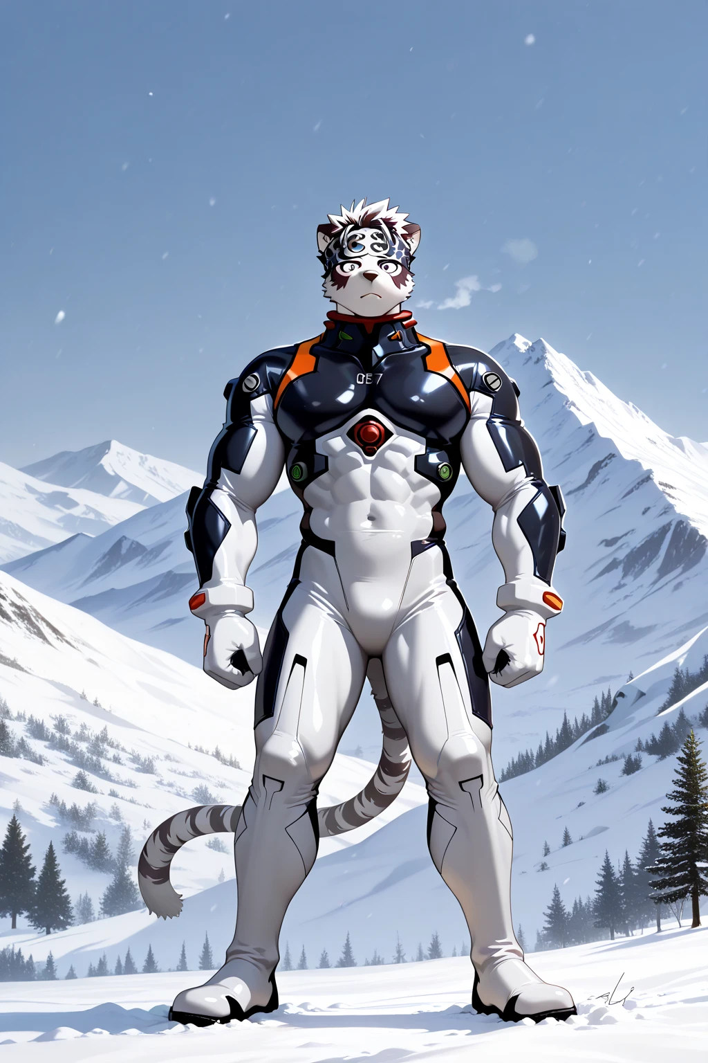 (score_9, score_8_up, score_7_up, score_6_up) BREAK (furry, source furry, uploaded on e621) BREAK robot, android, android skin, barcode tattoos on the body, (broken neck:1.2, damaged belly:1.2, cracked arms:1.2), cracked chest, solo, male, adult, , athletic, thin waist, white arctic fox, white fur, short messy dark blue hair, cute young face, talking, black mouth, canine teeth, glowing blue robotic eyes, hard , black speedo, belt, tool belt, holster, mechanical components, blue mechanical parts, gun, handgun, holding handgun, hand holding handgun, exploring, exploring the forest, forest, forest background, angry expression, looking away, BREAK good quality, best quality, high quality, high definition, hd, 4k, 8k, masterpiece, good proportion, perfect proportion, good , perfect  