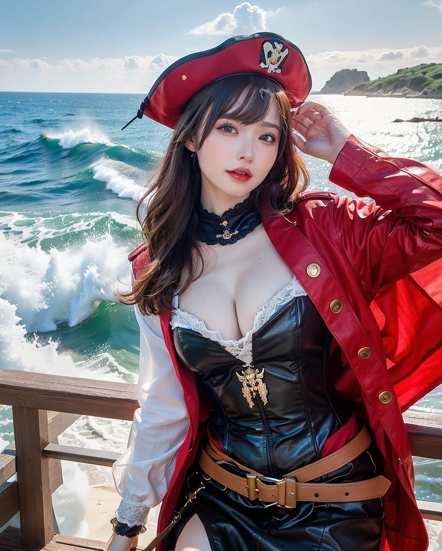 (Highest quality, Realistic, Cinema Lighting, 8k, masterpiece, Vibrant colors, Dramatic Shadows, Dynamic pose)
((black wave hair:1.5, blunt bang:1.5)),((smile)),((large ??????)), (full body)
BREAK (red and black theme:1.4), (red Tricorne hat with skull(symbol) print:1.4), ((elegant and ???? female pirate outfit, red dirndl with lace-up):1.3), ((red long sleeve with multi-layered ruffles, engageante):1.3), (fusion of red corset and pinafore:1.4), (red tiered skirt with multi-layered ruffles:1.3), ((???? shoulders, collarbone, shoulder strap):1.3), (garter belt:1.3), (black thigh high boots with heels:1.2)