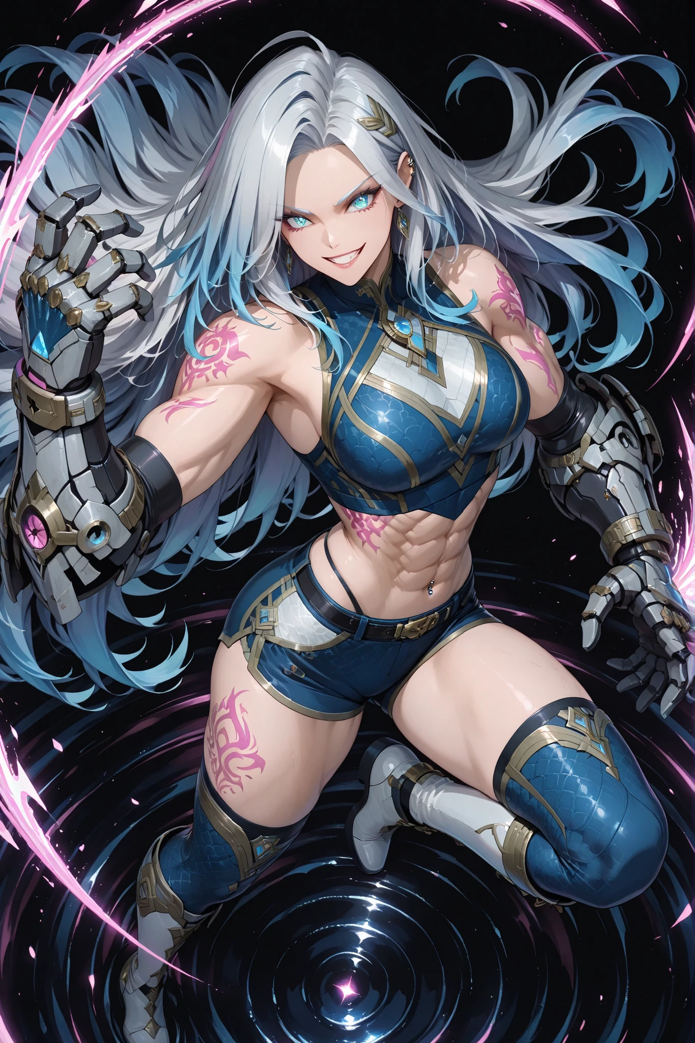 Full body shot from above, showing a tall, fierce, very muscular, and beautiful young woman in a dynamic battle stance — legs braced, one arm raised with clenched gauntlet, the other ready to strike. Her long tied flowing Celestial Azure hair with Platinum-Silver highlights flares behind her as her piercing azure eyes lock forward with a confident grin. She wears a sleeveless Celestial Azure combat top and fitted shorts with Platinum-Silver accents, revealing her sculpted arms and abs. Her massive reinforced gauntlets and silver-trimmed reinforced Over-the-knee reinforced boots gleam with dragon-scale patterns. Glowing azure-white tattoos flow across her arms, body, and thighs, pulsing with divine energy. A swirl of azure, white, and silver aura mist surrounds her, rippling like wind before battle. Simple black background, cinematic lighting, anime style, highly detailed, divine and powerful atmosphere.
