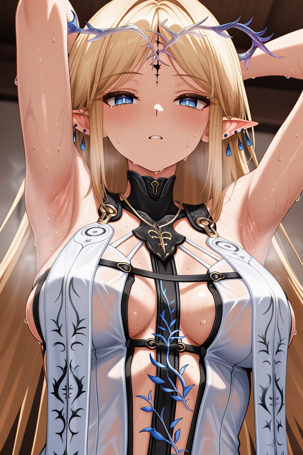 ((1woman)),solo,(adult,woman,milf:1.6), ???? shoulders, Blonde hair, Blush, ???? ???????, circle of the crone, cleavage, Closed mouth, elf, Green eyes, head wreath, ?????????????, laurel crown, Long hair, view the viewer, O-ring, O-ring top, Pointy ears, Simple background, Solo, Upper body, White background, celestine lucullus,Realistis,(Shiny skin),(Masterpiece:1.4),(Best quality:1.4),zelda,(bondage collar)((?????:1.5)), (smiling:0.45)