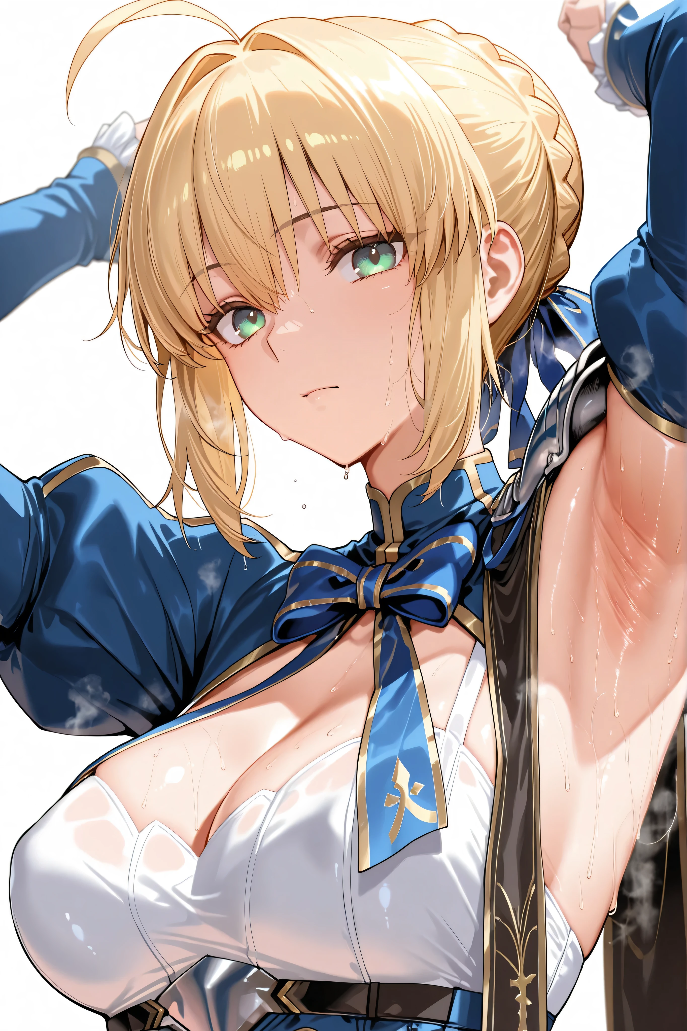鉄の防具の隙間から蒸れた腋が見える、I can see my armpits all over the screen、sweatyの腋を視聴者に押しつける、show my armpits to the viewer、,Smelly Armpits 、armpit close-up、 Armpit close-up、sweat springs out of my armpits、、Take a close-up shot of the side、sweaty、Female body glowing with sweat、dripping armpit sweat、large breast, 8K Ultra HD、bewitching gaze、8k highest quality、saber \(honkai star rail\) \(fate\), 1girl, green eyes, saber \(fate\), blonde hair, ahoge, dress, blue ribbon, white background, breasts, ribbon, long sleeves, braid, hair bun, shoulder armor, puffy sleeves, blue dress, hair ribbon, juliet sleeves, cleavage, bow,