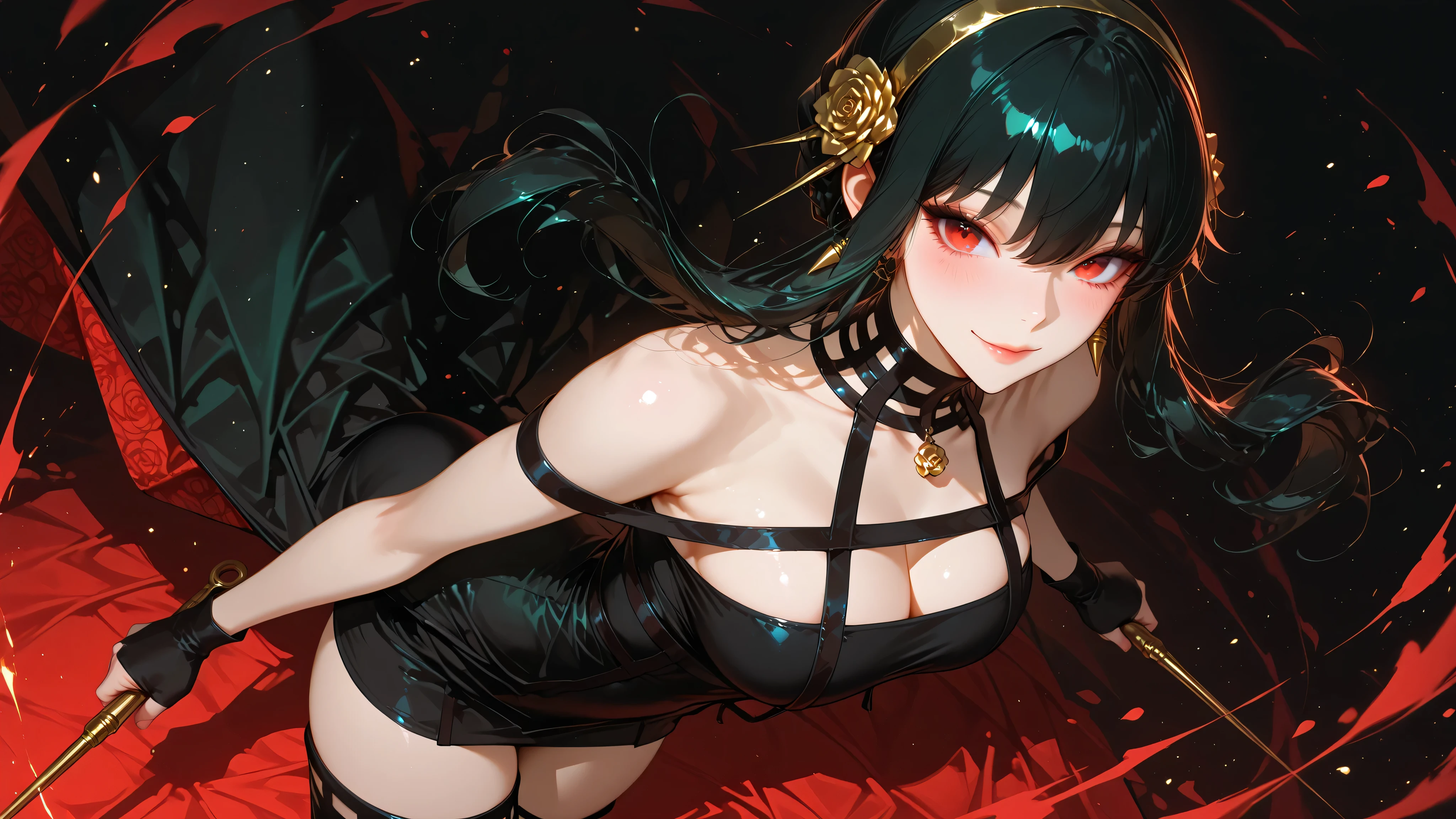 Yor briar, smile, semi realistic, cute, glow, dynamic pose, dynamic angle, artistic, three-quarter shot, holding her weapon