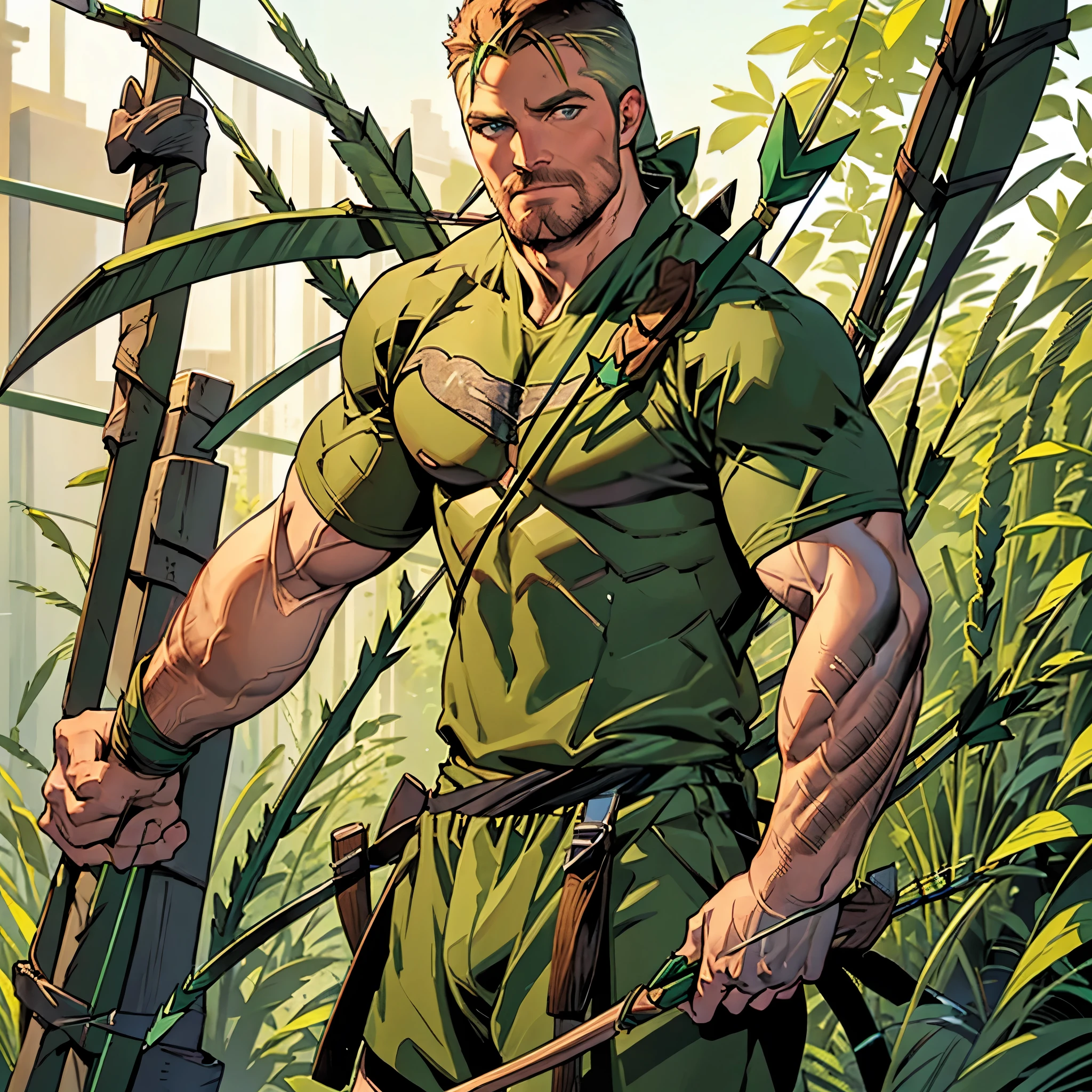 48k, high quality face , detailed fingers ,detailed muscles, ((( stephen amell as green arrow ))), (((wearing dark green outfit ))) , dark blond short hair, green blue eyes, a dense manly facial hair , , a bulge ,hunk and handsome, ((( using and aiming his arrow with a bow ))) , with (((the quiver on his back full of arrows)))