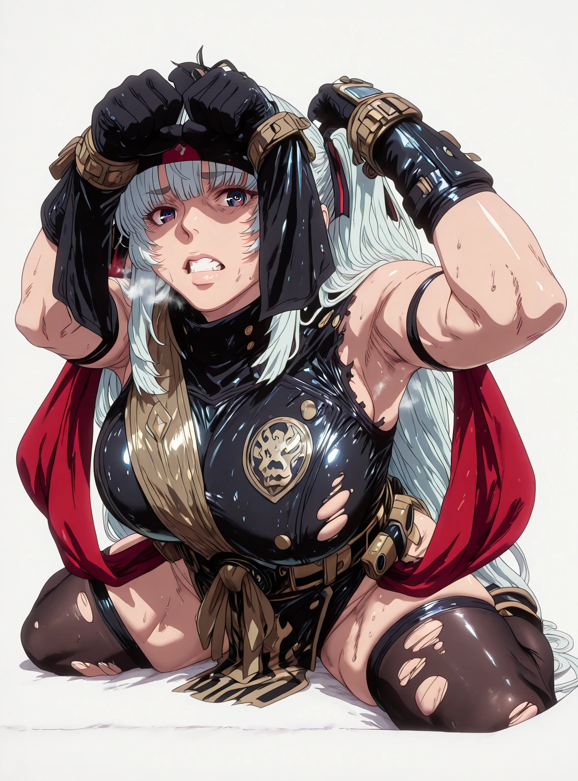 L_Cation2, Babu-style, Hgk, (yoshio_(55level)-style:1.4), (iwao178-style:1.3), (eufoniuz-style:1.2), (imizu_(nitro_unknown)-style:1.3), (anime coloring, anime screencap), shiny skin, (voluptuous body:1.4), (mature female:1.4), (cellulite:1.3), ((vignetting)), ((anatomical correct)), ((Cinematic, high quality, newest, UHD, masterpiece)),, perfect body, perfect eyes, perfect fingers, gasping, heavy breathing, gasping profusely, ((skindentation)), ((curvy)), white hair, absurdly long hair, sidelocks, two side up, hair ribbon, multicolored eyes, ((square pupils, big pupils)), plump, 1girl, breasts, solo, torn_clothes, bound, gloves, thighhighs, bound_wrists, arms_up, looking_at_viewer, superhero, elbow_gloves, thighs, white_background, leotard, black_gloves, clenched_teeth, sitting, sash, thick_thighs, black_thighhighs, animification, teeth, armpits, simple_background, bdsm, bondage