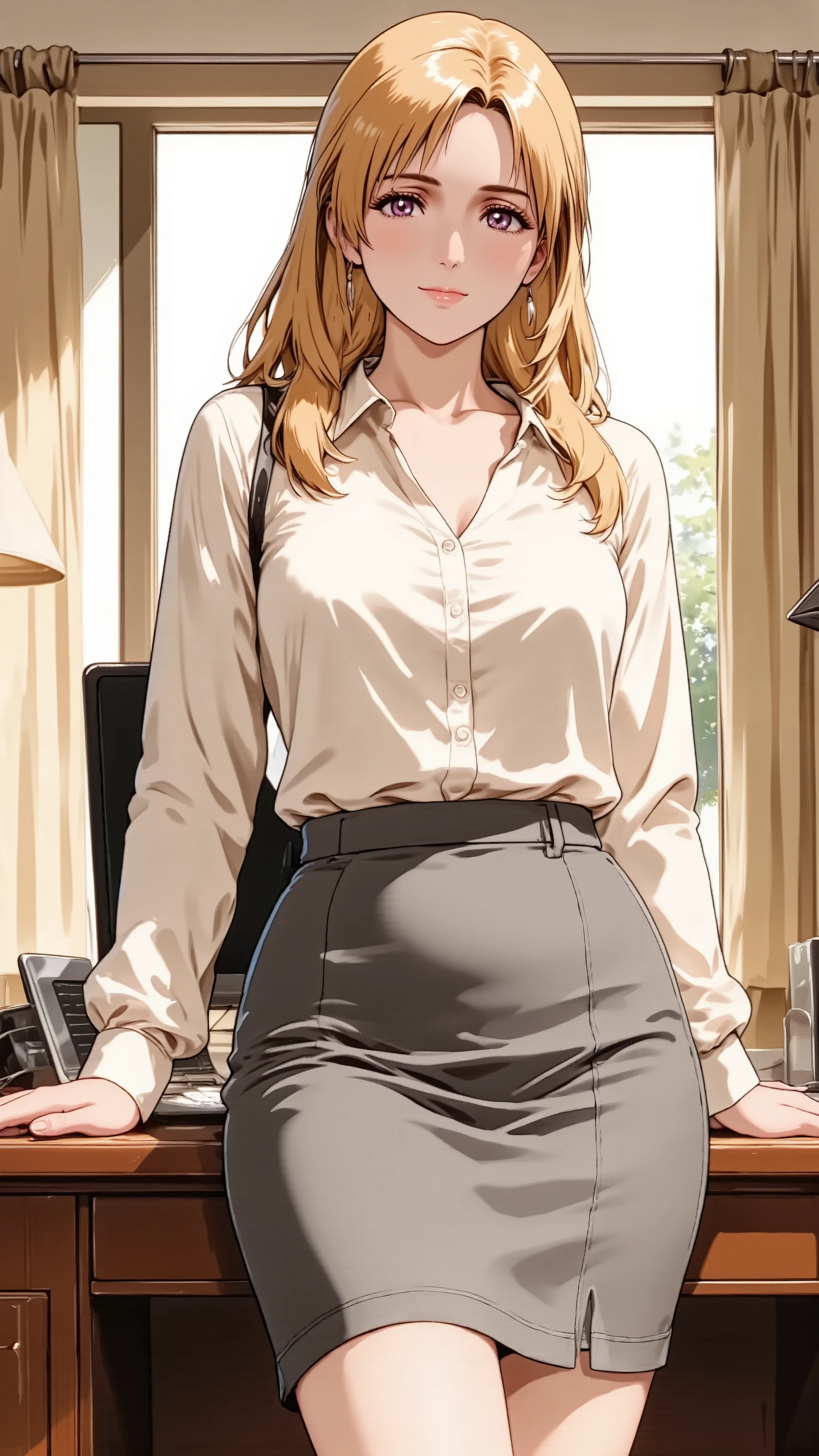 An anime woman, A sophisticated married woman in her 30s, with long, flowing blonde hair. She has natural makeup and a slight, knowing smile. She has natural and correct anatomy, perfectly rendered hands with five fingers, and well-proportioned limbs. She is wearing an elegant office uniform (a soft silk blouse and a grey pencil skirt). She stands, leaning back slightly against her office desk, one hand resting gently on the desk surface. She looks directly at the viewer with a calm and mature allure. Shot at eye-level, thigh-up portrait.