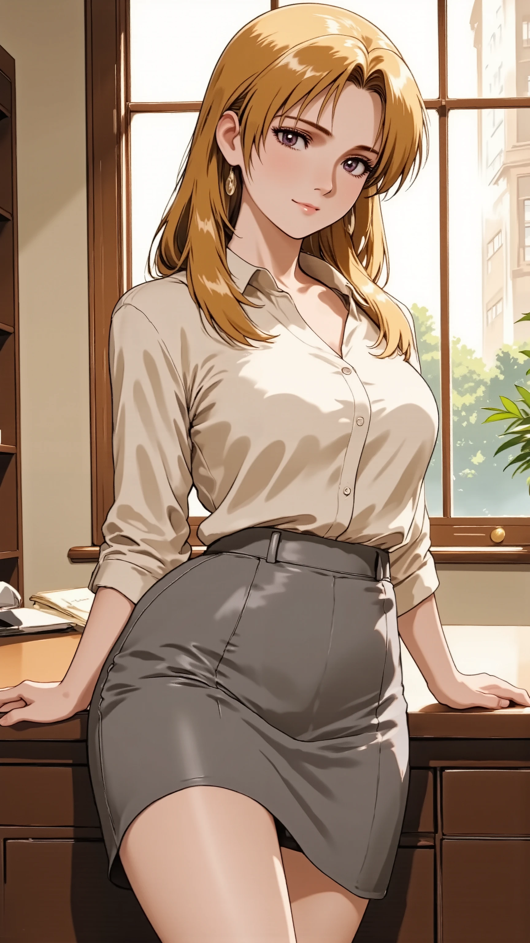 An anime woman, A sophisticated married woman in her 30s, with long, flowing blonde hair. She has natural makeup and a slight, knowing smile. She has natural and correct anatomy, perfectly rendered hands with five fingers, and well-proportioned limbs. She is wearing an elegant office uniform (a soft silk blouse and a grey pencil skirt). She stands, leaning back slightly against her office desk, one hand resting gently on the desk surface. She looks directly at the viewer with a calm and mature allure. Shot at eye-level, thigh-up portrait.