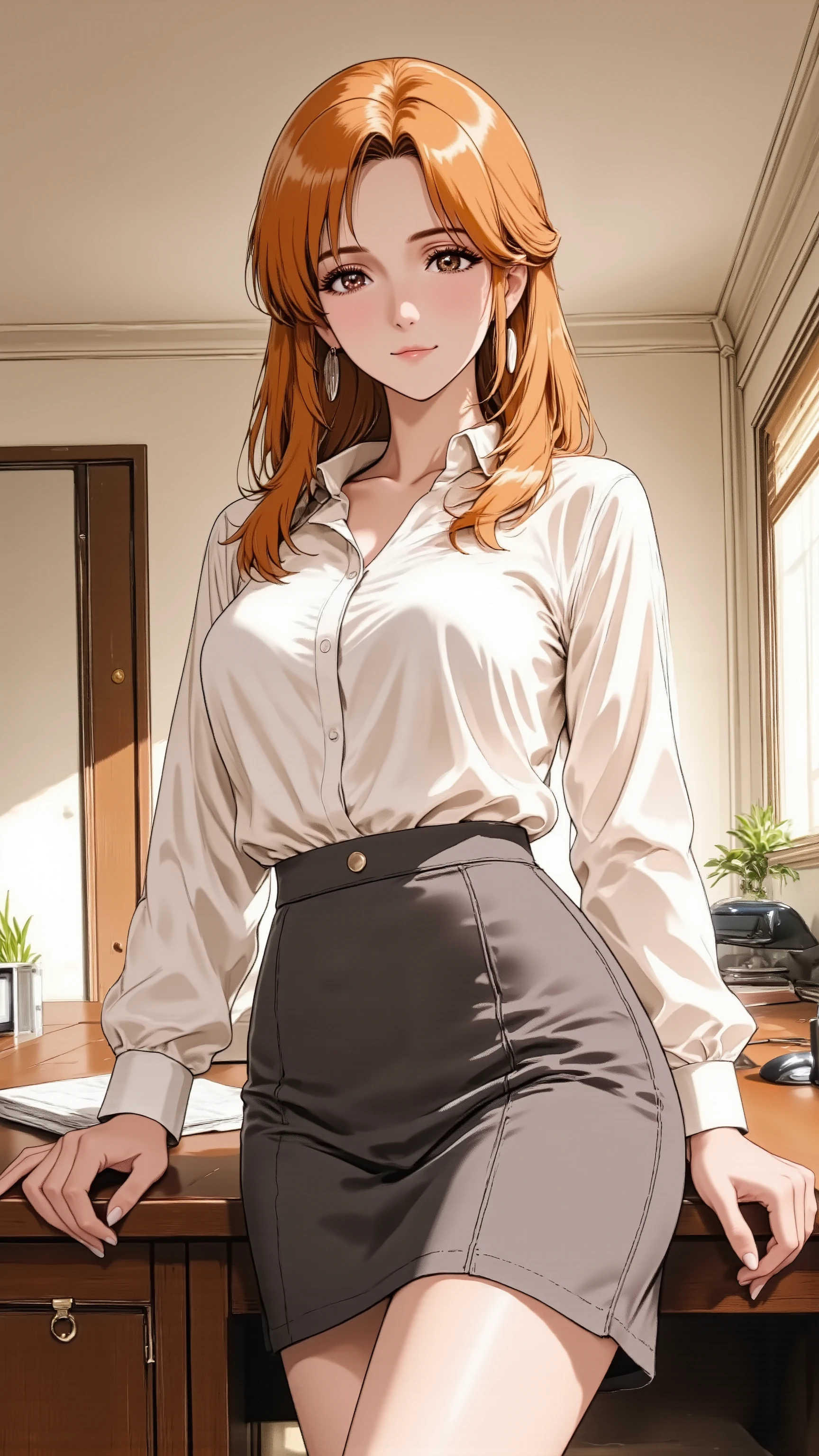 An anime woman, A sophisticated married woman in her 30s, with long, flowing blonde hair. She has natural makeup and a slight, knowing smile. She has natural and correct anatomy, perfectly rendered hands with five fingers, and well-proportioned limbs. She is wearing an elegant office uniform (a soft silk blouse and a grey pencil skirt). She stands, leaning back slightly against her office desk, one hand resting gently on the desk surface. She looks directly at the viewer with a calm and mature allure. Shot at eye-level, thigh-up portrait.