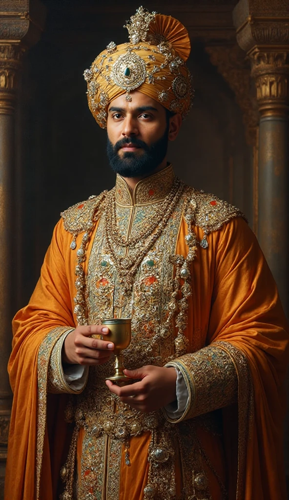 "A young 16th-century king wearing regal attire with a Sindhi cultural touch. His clothes should be intricately detailed, blending traditional 16th-century royal clothing with Sindhi patterns, embroidery, and textile styles, including a turban or crown adorned with jewels. The king's robes should feature rich fabrics, including vibrant colors and intricate designs typical of the period, with a touch of Sindhi craftsmanship such as mirror work or thread embroidery. The first pose is a full front-facing portrait, showing the king in all his regal attire, exuding authority and nobility. The second pose is a full side profile, emphasizing the king's  features and the flow of his ornate clothing. Make sure the full body is visible in both poses, without cutting off any body parts. The background should reflect a historical setting, with a royal atmosphere fitting the era. Both poses should have a sense of elegance and power, highlighting the unique blend of 16th-century and Sindhi royal influences."