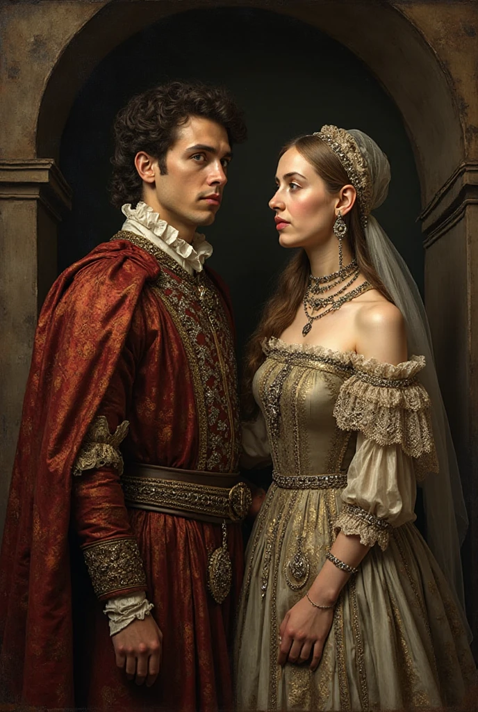 An image of a young couple, The woman, she is gothic, short red hair, and wavy, The man, wear more colorful clothing, but elegant and would, Her skin is brown, both in a castle or colorful but serious environment, this in a drawn style