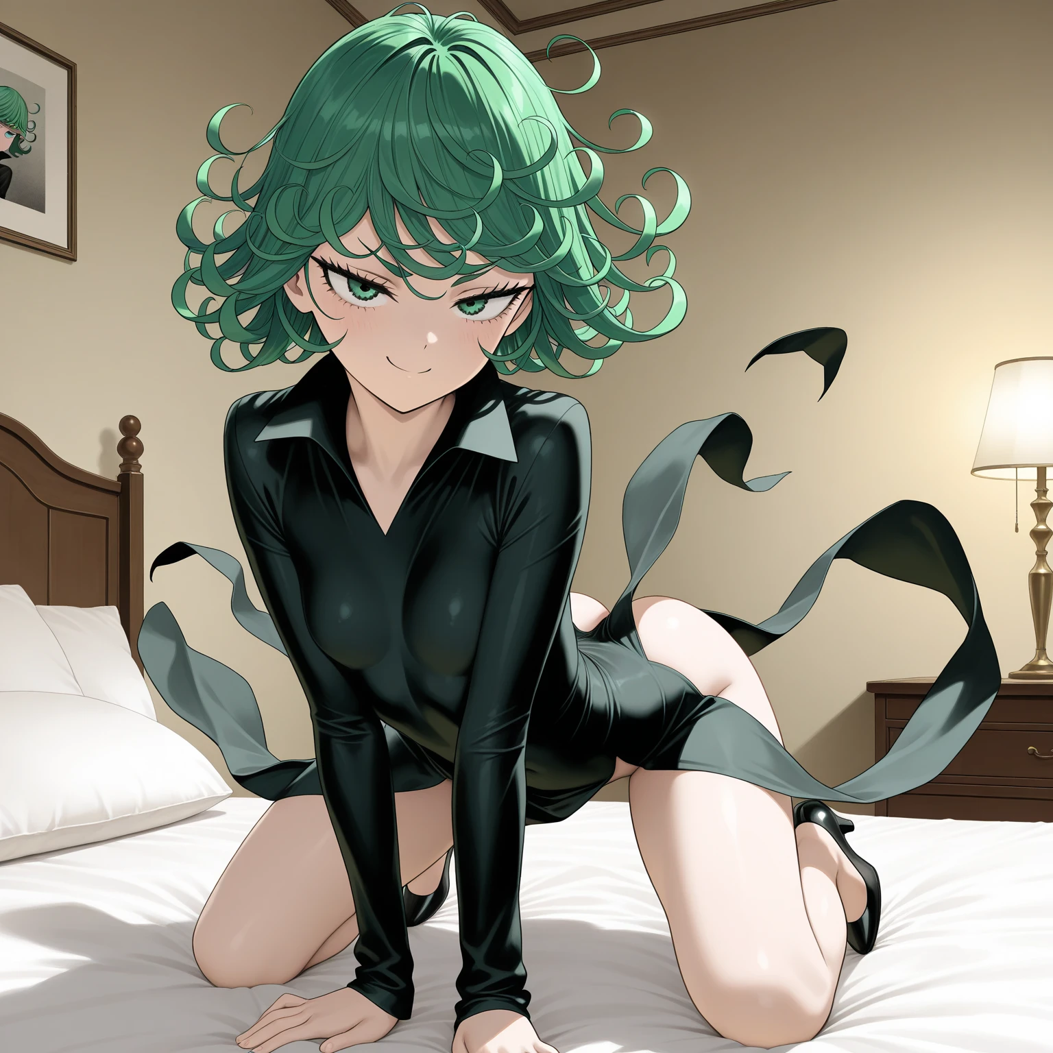 from above, tatsumaki1x,blush, herodress, black , navel, , phase1, crossed arms, sitting, on bed <lora:Tatsumaki_Pony:0.85> <lora:Top_Off_Pony:0.85>