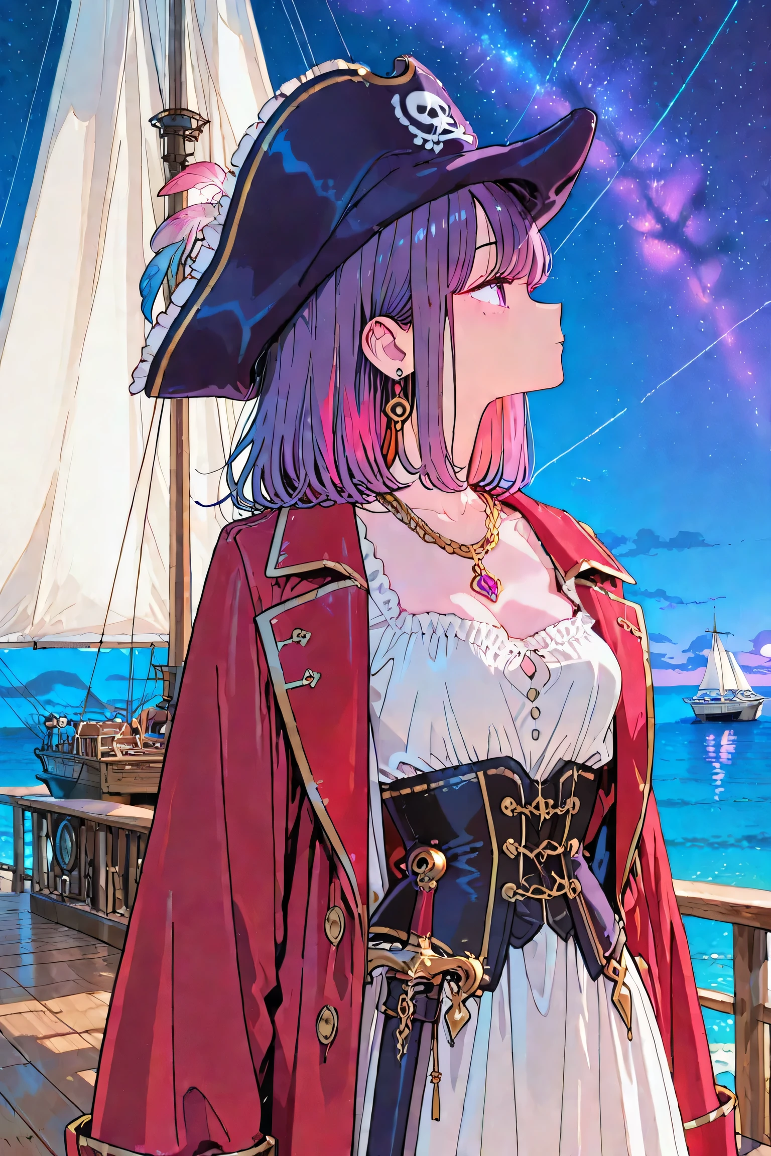 a bewitching and enchanting female pirate captain、stands brightly illuminated by moonlight on the ship deck Figure、A triangular hat with characteristic black and gold decorations(pirate hat)Wear it with a slight tilt、An attractive black mole shines sensually on the deck of a sailboat、A natural side face that looks at the horizon in the distance without being aware of the camera、A beautiful profile that stands out with a face facing sideways、The gorgeous pure white silk frill blouse with a deep open chest is illuminated by moonlight and enhances the texture of the skin、The curvature and constriction emphasized by a black corset、wear a crimson velvet captain coat with gold buttons on one shoulder for a sexy look、the other shoulder is revealed、} A glamorous pose with a shiny, decorated dagger on the other hand、multiple gold chain necklaces and jewels overlap on the neck and chest and shine brightly on the skin、sensually flushing cheeks and glossy, moisturized lips、The beauty of a side face captured in a profile shot、Silky, smooth, and glossy skin texture is emphasized in moonlight、The mole near the eye on the right cheek stands out as a seductive mark、moonlight hits the mole and gives off a bewitching charm、The clavicle line peeking through the chest of a boldly open blouse is sensual、The feminine fingertips are impressive when you put one hand on the rudder of a ship、A captivating gaze that stands out as the most element、The sleeve of the blouse is rolled up loosely to show a feminine arm line、The background is a deep blue-purple night sea and starry sky、The ship's deck and sails are illuminated by moonlight for a fantastic atmosphere、Other crew members are a lonely beauty not reflected on the screen、The most impressive element is moonlight that brightly illuminates a profile including moles、A side face full of hidden passion、A profile peeking out from under a triangular hat combines seduction and dignity、Delicate skin details and mole texture taken in 8K ultra-high resolution、The bewitching atmosphere of a female pirate captain who combines sensuality and dignity、bathes in the luster of the moonlight on the deck of a sailboat Figure、The most impressive element Stand out as、A pensive expression that looks into the distance is attractive
