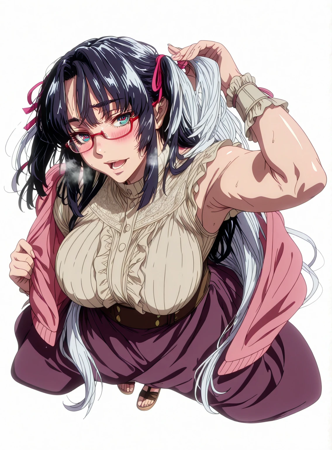 L_Cation2, Babu-style, Hgk, (yoshio_(55level)-style:1.4), (iwao178-style:1.3), (eufoniuz-style:1.2), (imizu_(nitro_unknown)-style:1.3), (anime coloring, anime screencap), shiny skin, (voluptuous body:1.4), (mature female:1.4), (cellulite:1.3), ((vignetting)), ((anatomical correct)), ((Cinematic, high quality, newest, UHD, masterpiece)),, perfect body, perfect eyes, perfect fingers, gasping, heavy breathing, gasping profusely, ((skindentation)), ((curvy)), white hair, absurdly long hair, sidelocks, two side up, hair ribbon, multicolored eyes, ((square pupils, big pupils)), plump, 1girl, solo, glasses, breasts, skirt, open_mouth, red-framed_eyewear, looking_at_viewer, white_background, purple_skirt, frills, blush, simple_background, from_above, sandals, fisheye, close-up