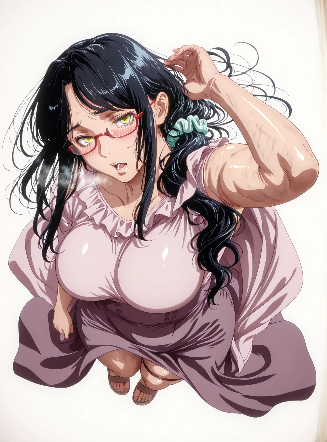 L_Cation2, Babu-style, Hgk, (yoshio_(55level)-style:1.4), (iwao178-style:1.3), (haikawa_hemlen-style:1.2), (imizu_(nitro_unknown)-style:1.3), (anime coloring, anime screencap), shiny skin, (voluptuous body:1.4), (mature female:1.4), (cellulite:1.3), ((vignetting)), ((anatomical correct)), ((Cinematic, high quality, newest, UHD, masterpiece)),, perfect body, perfect eyes, perfect fingers, gasping, heavy breathing, gasping profusely, ((skindentation)), ((curvy)), touko yotsuya, yotsuya touko, long hair, black hair, hair ornament, yellow eyes, ponytail, scrunchie, hair over shoulder, sidelocks, plump, 1girl, solo, glasses, breasts, skirt, open_mouth, red-framed_eyewear, looking_at_viewer, white_background, purple_skirt, frills, blush, simple_background, from_above, sandals, fisheye, close-up 