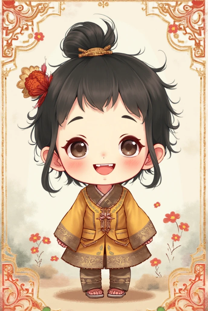 5-year-old girl，Costume girl，Chinese Tang Dynasty Girl，Over-the-knee long skirt，Standing，Embroidered shoes，Ball head hairstyle，whole body，Smile，Blank Background