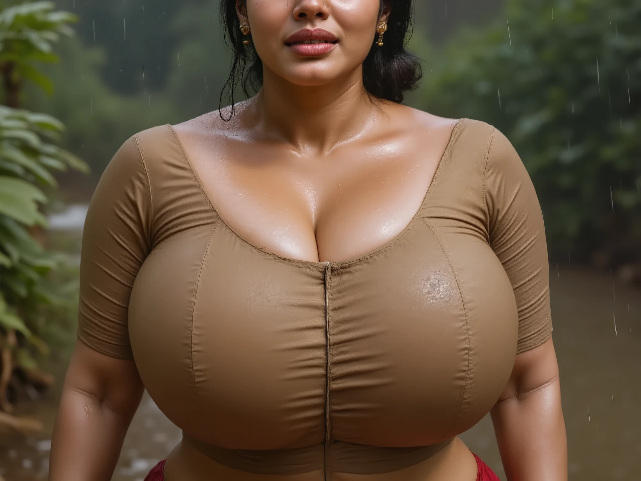Busty indian curvy slim women, wearing blouse and jeans, walking in rain
