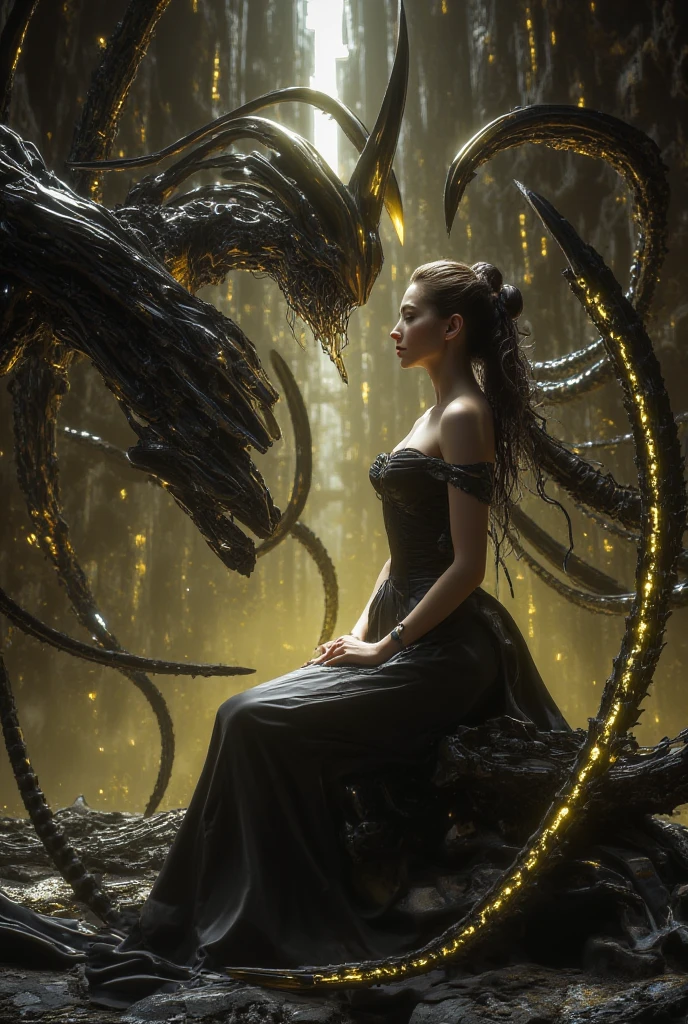 An gorgeous beautiful young girl sit in between big and black scorpion
