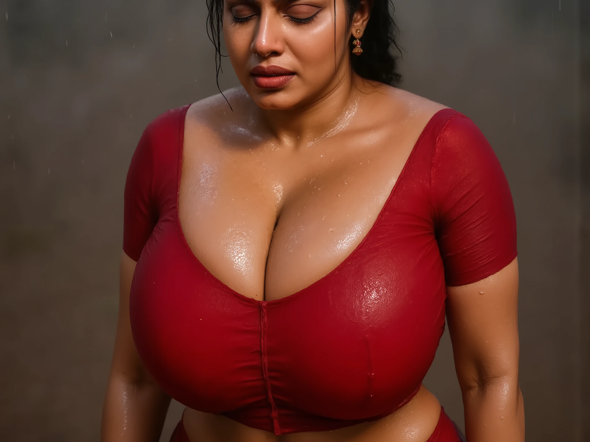 Busty indian curvy slim women, wearing blouse and jeans, walking in rain