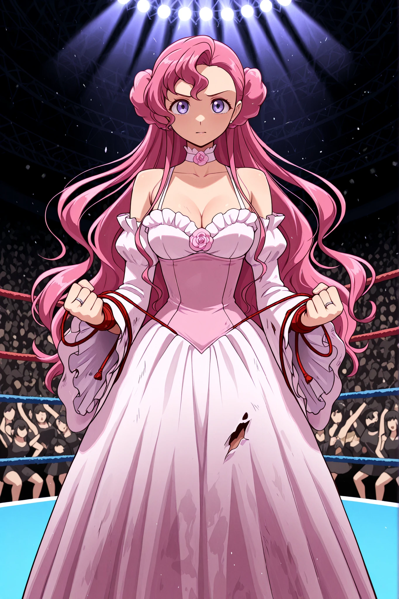 best quality, ultra-detailed, finely detail, Euphemia li Britannia in fighting stance within boxing ring, once-elegant dress now strategically torn revealing shoulders and partial cleavage, signature pink hair coming undone from decorative bun with flower ornament barely attached, intense purple eyes locked on female opponent, delicate choker contrasting with fierce combat situation, remnants of lace and frills hanging from damaged outfit, long wide sleeves ripped at seams, opponent with similarly disheveled appearance, ring ropes and turnbuckles visible in background, dramatic arena lighting creating dynamic shadows, crowd watching from darkness beyond ring