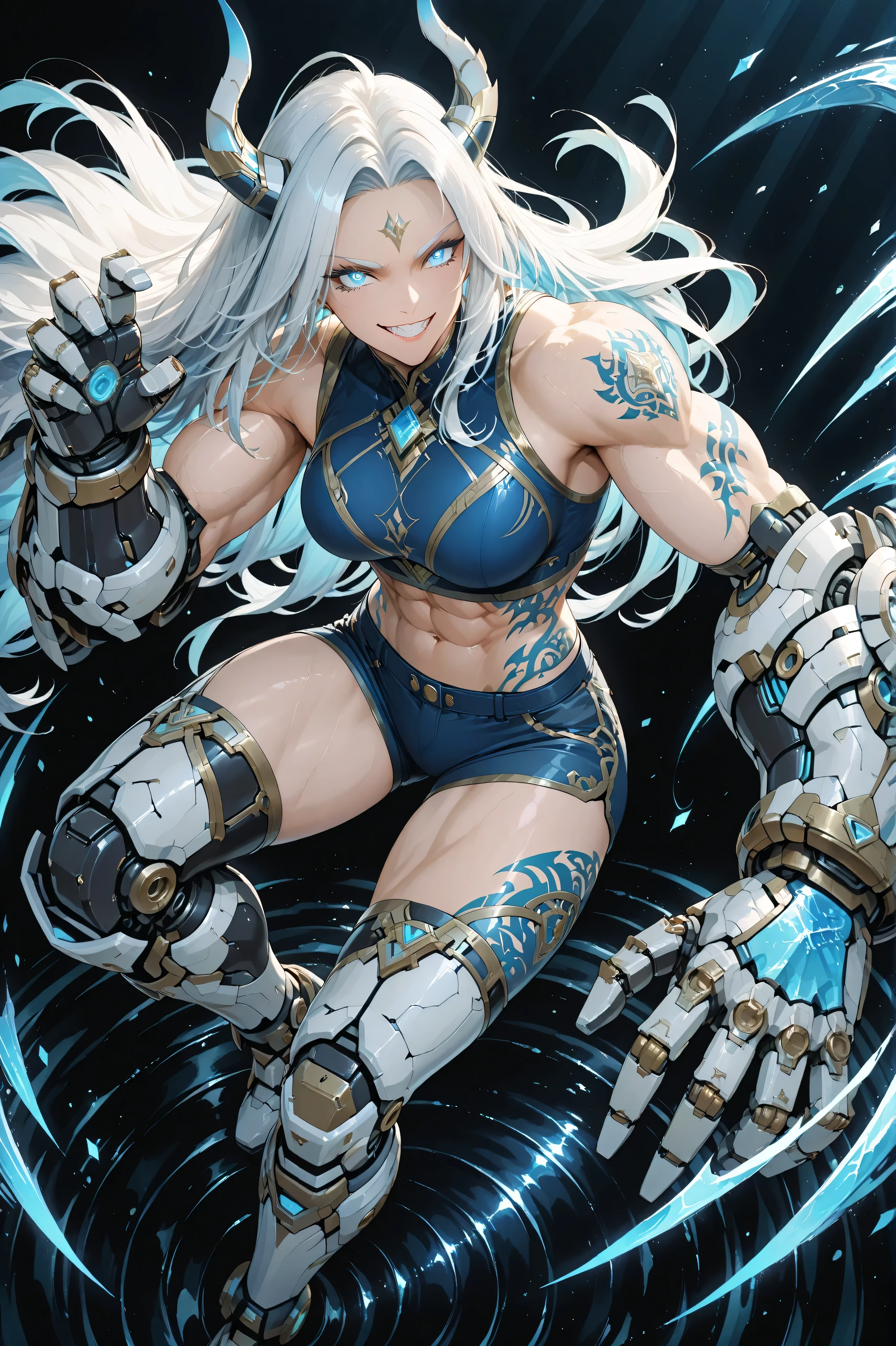Full body shot from above, showing the face of a tall, fierce, extremely very muscular, and beautiful young woman in a dynamic battle stance — legs braced, one arm raised with clenched gauntlet, the other ready to strike. Her long tied flowing Celestial Azure style hair with dragon horns with Platinum-Silver highlights flares behind her as her piercing azure eyes lock forward with a confident grin and dragon horns. She wears a sleeveless Celestial Azure combat top and fitted shorts with Platinum-Silver accents, revealing her sculpted arms and abs. Her massive mechanized reinforced gauntlets and silver-trimmed mechanized Over-the-knee mechanized reinforced boots gleam with dragon-scale patterns. Glowing azure-white tattoos flow all over her body, her arms, body, and thighs, pulsing with divine energy. A swirl of azure, white, and silver aura mist surrounds her, rippling like wind before battle. Simple black background, cinematic lighting, anime style, highly detailed, divine and powerful atmosphere.