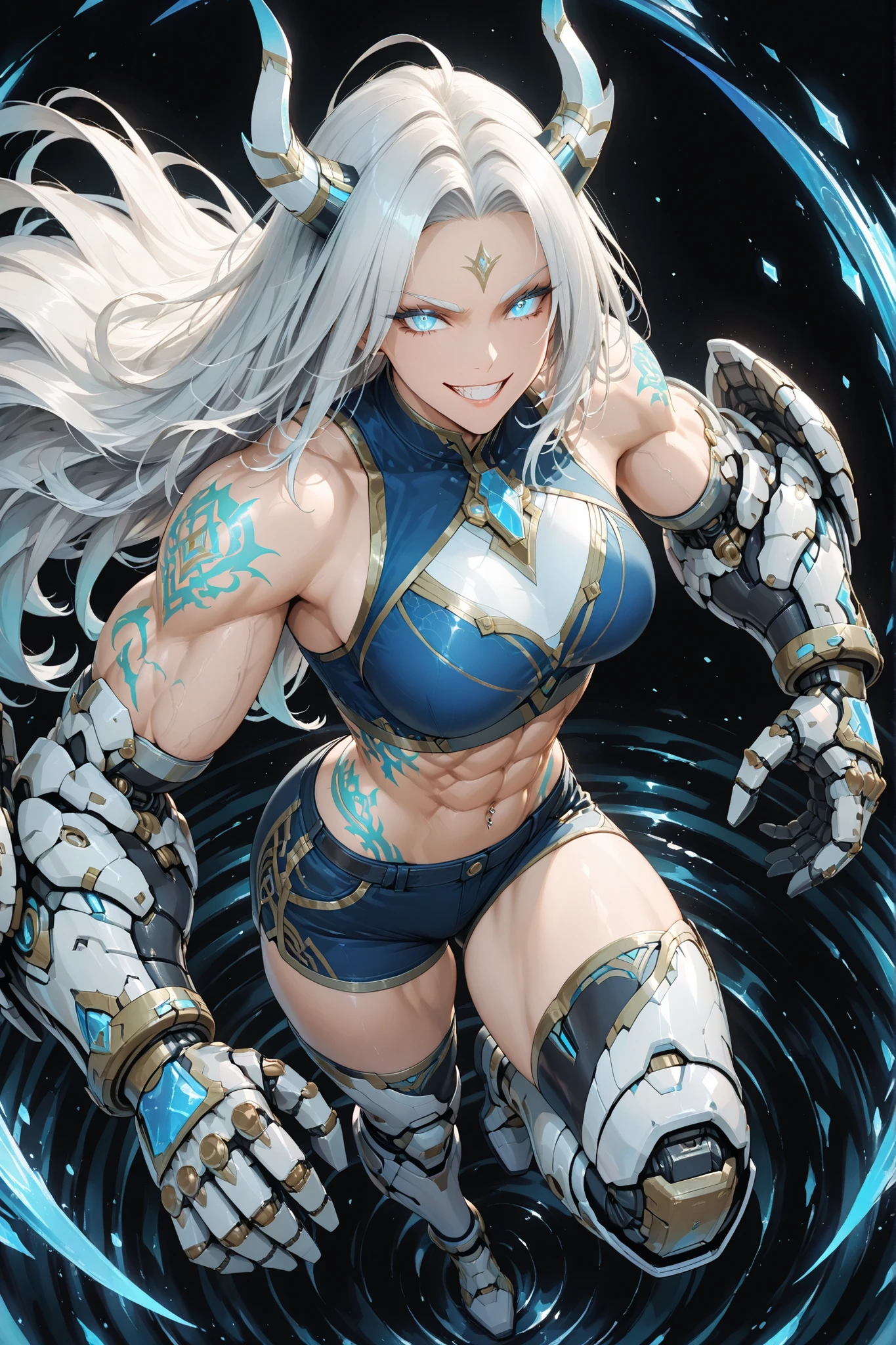Full body shot from above, showing the face of a tall, fierce, extremely very muscular, and beautiful young woman in a dynamic battle stance — legs braced, one arm raised with clenched gauntlet, the other ready to strike. Her long tied flowing Celestial Azure style hair with dragon horns with Platinum-Silver highlights flares behind her as her piercing azure eyes lock forward with a confident grin and dragon horns. She wears a sleeveless Celestial Azure combat top and fitted shorts with Platinum-Silver accents, revealing her sculpted arms and abs. Her massive mechanized reinforced gauntlets and silver-trimmed mechanized Over-the-knee mechanized reinforced boots gleam with dragon-scale patterns. Glowing azure-white tattoos flow all over her body, her arms, body, and thighs, pulsing with divine energy. A swirl of azure, white, and silver aura mist surrounds her, rippling like wind before battle. Simple black background, cinematic lighting, anime style, highly detailed, divine and powerful atmosphere.
