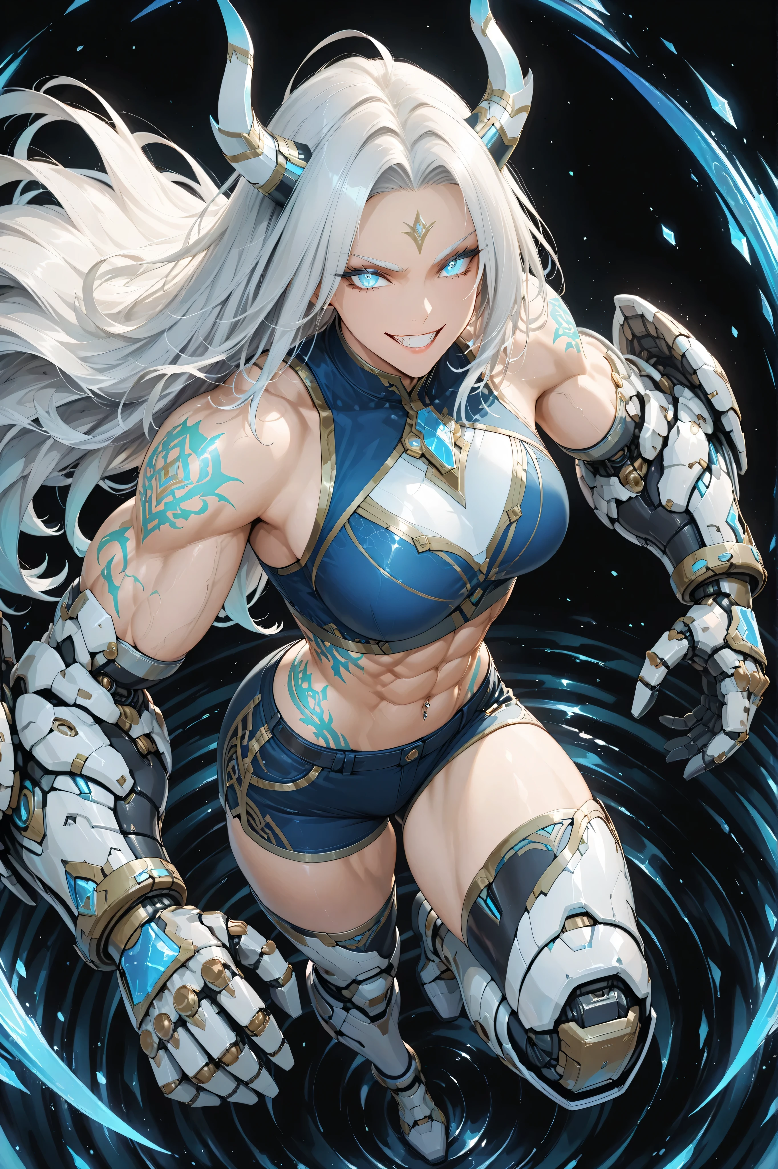 Full body shot from above, showing the face of a tall, fierce, extremely very muscular, and beautiful young woman in a dynamic battle stance — legs braced, one arm raised with clenched gauntlet, the other ready to strike. Her long tied flowing Celestial Azure style hair with dragon horns with Platinum-Silver highlights flares behind her as her piercing azure eyes lock forward with a confident grin and dragon horns. She wears a sleeveless Celestial Azure combat top and fitted shorts with Platinum-Silver accents, revealing her sculpted arms and abs. Her massive mechanized reinforced gauntlets and silver-trimmed mechanized Over-the-knee mechanized reinforced boots gleam with dragon-scale patterns. Glowing azure-white tattoos flow all over her body, her arms, body, and thighs, pulsing with divine energy. A swirl of azure, white, and silver aura mist surrounds her, rippling like wind before battle. Simple black background, cinematic lighting, anime style, highly detailed, divine and powerful atmosphere.